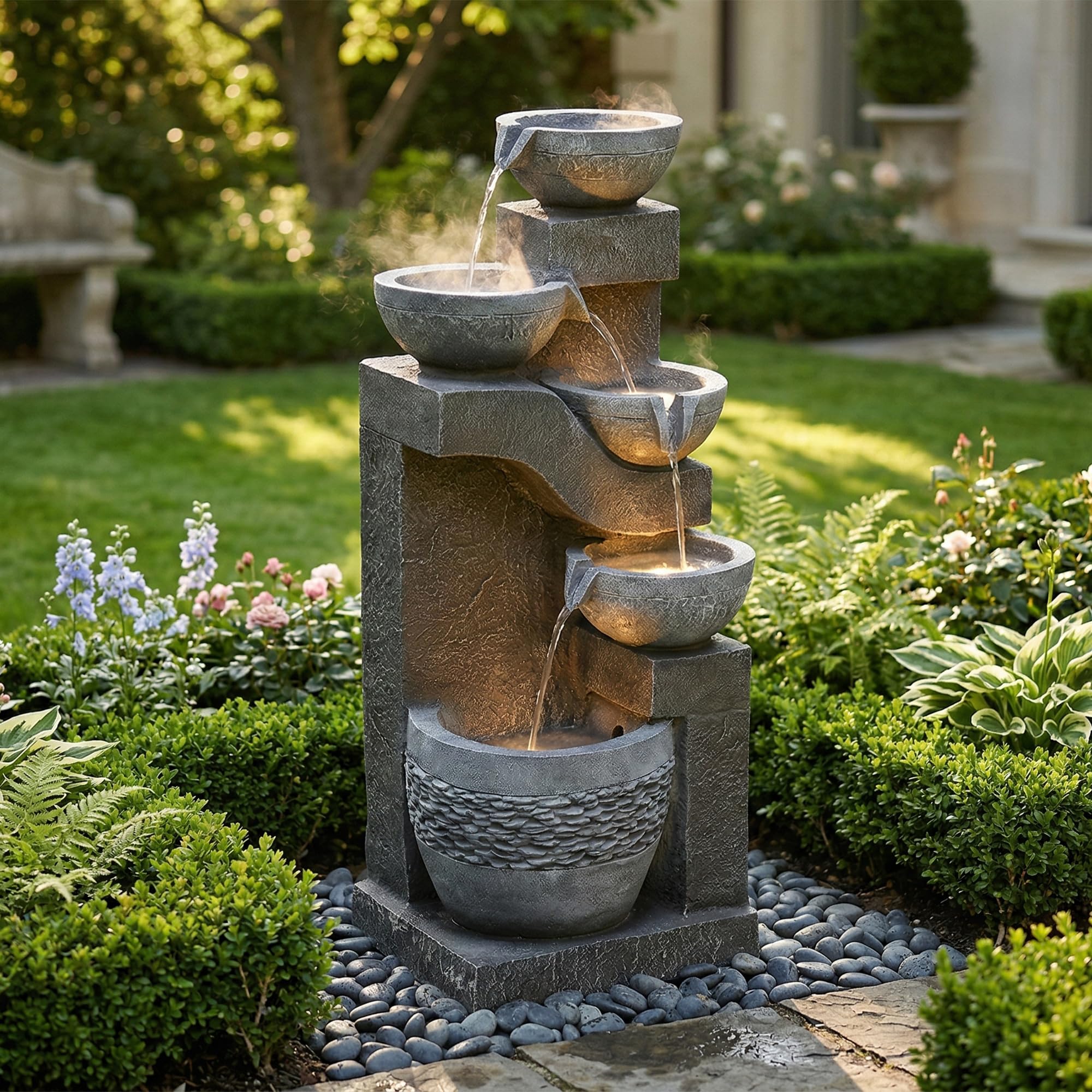 Fuente de Agua para Jardín y Exteriores, Fuente de Jardín con Iluminación LED, Cascada de 5 Niveles para Patio, Fuente Decorativa con Bombas, Decoración de Interior para Terraza, Gris