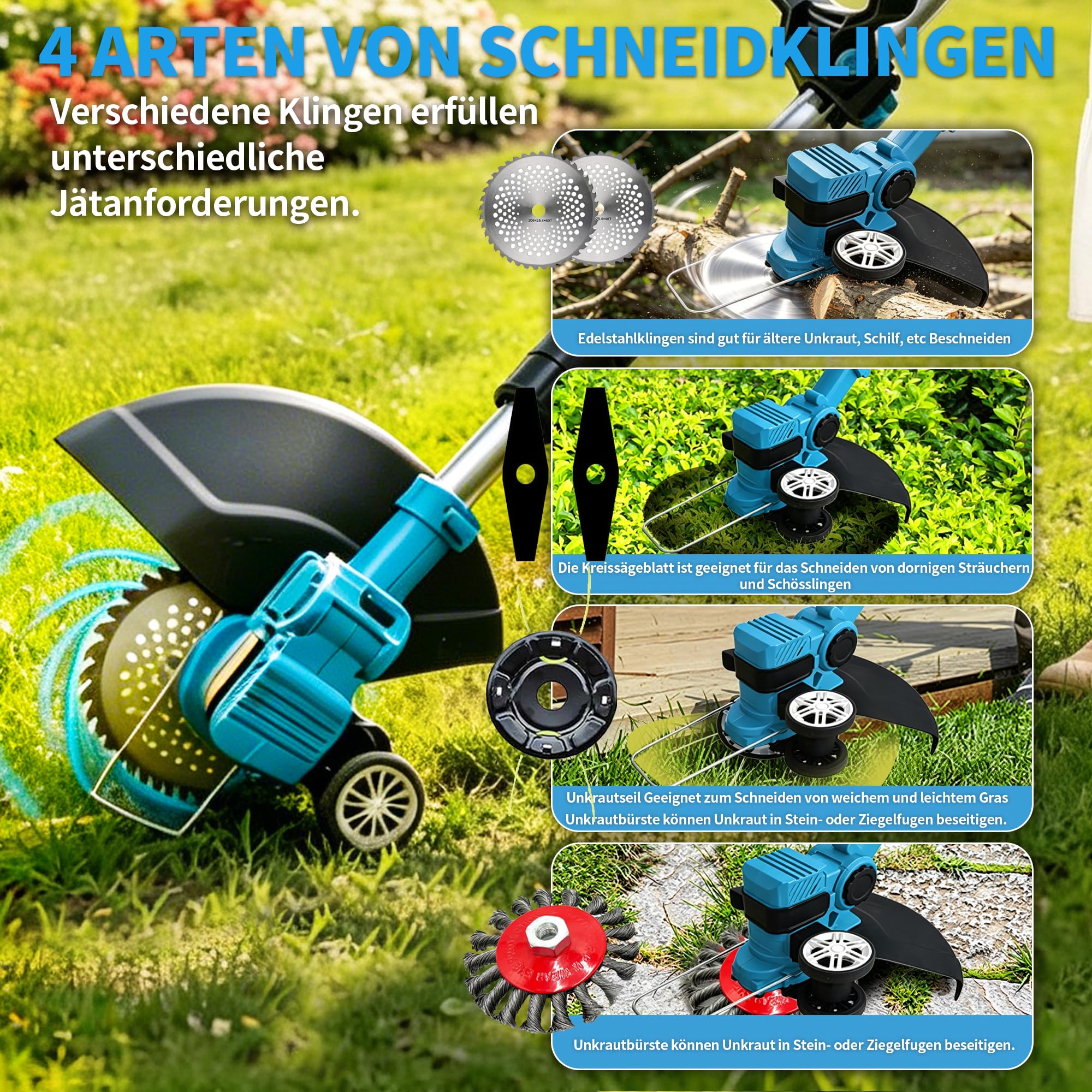 Akku Rasentrimmer kompatibel mit Makita-Akkus mit 4 verschiedenen Messertypen Bürstenloser Rasentrimmer mit 2 x 21V-Akkus Rasenkantenschneider Akku-Motorsense für Garten