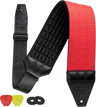 Amumu AIRAFT Bass & Guitar Strap 4" Ultra Wide - 0.7" Thick Breathable Convex 3D Air Cell Cushions - Cotton Canvas Top - Neoprene Padding - Adjustable Length 45"-56"Standard - Red