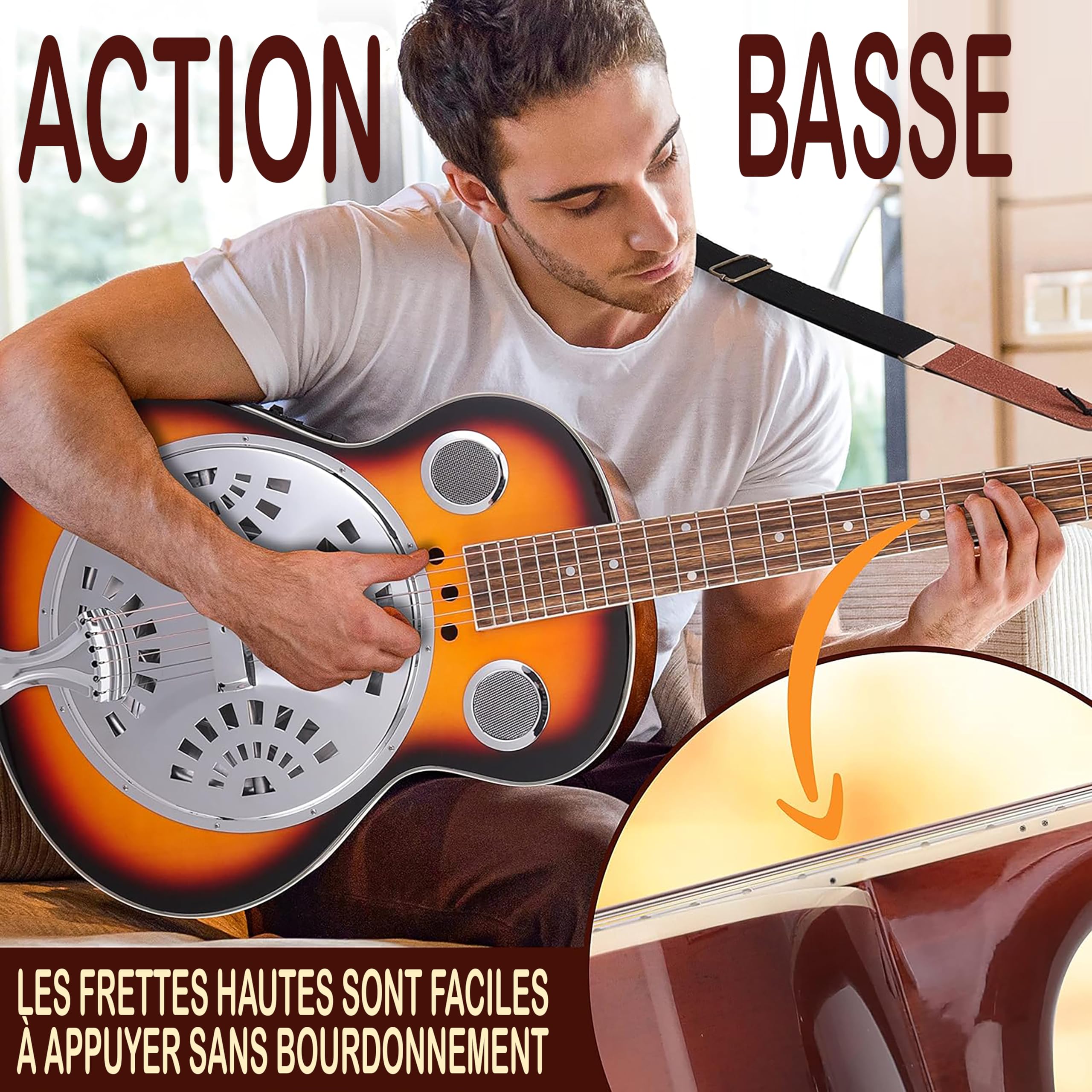 Pyle Guitare - Guitare Electro Acoustique Résophonique, Résonateur Traditionnel à Manche Rond Taille Réelle, Préamplificateur Intégré, Blanc