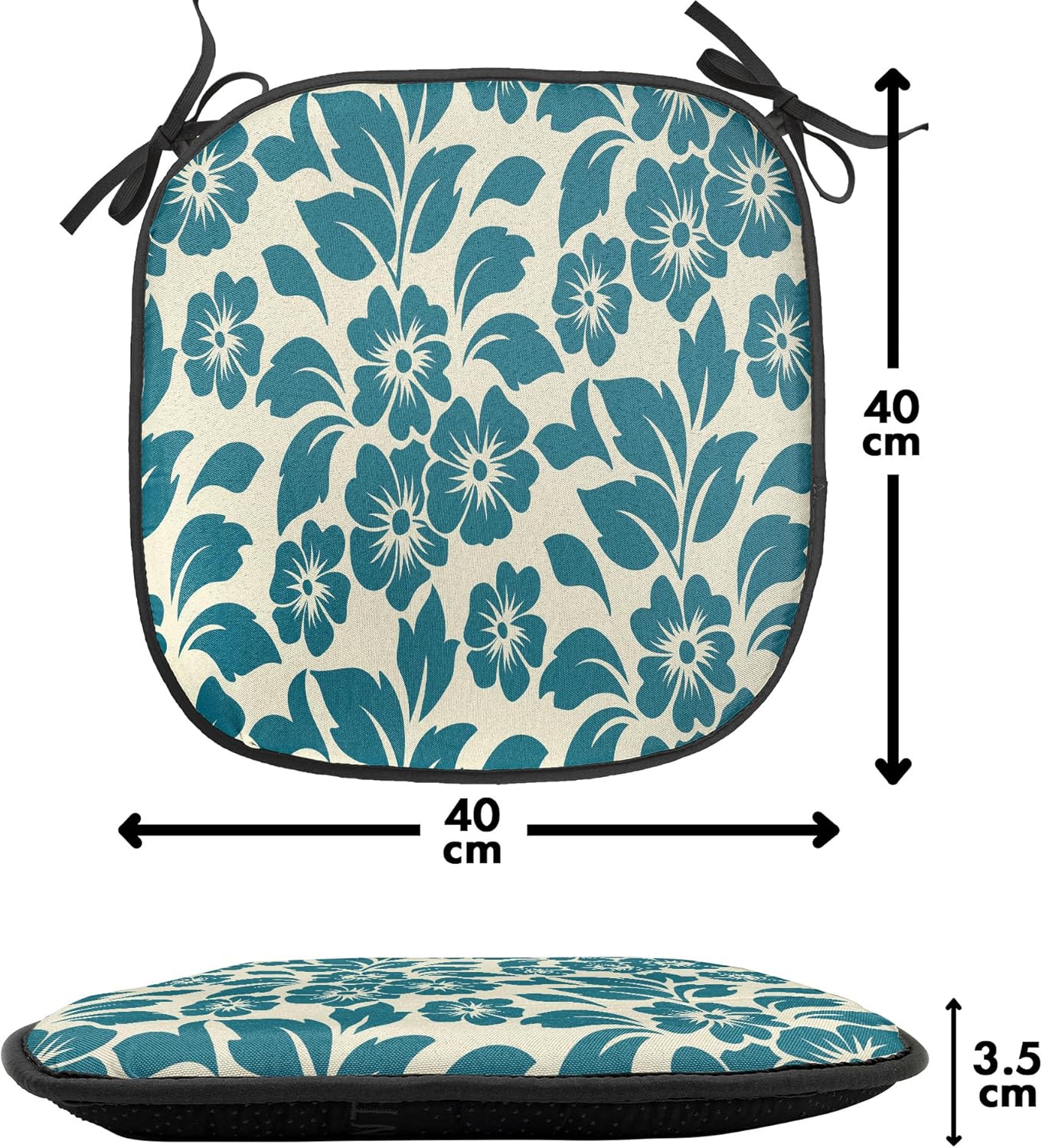 Ambesonne Floral Chair Seating Cushion Set of 2, Flower Petals Blossoms Shabby Form Fragrance Florets Nature Spring Tropical Design, Anti-Slip Seat Padding for Kitchen & Patio, 16"x16", Teal Cream