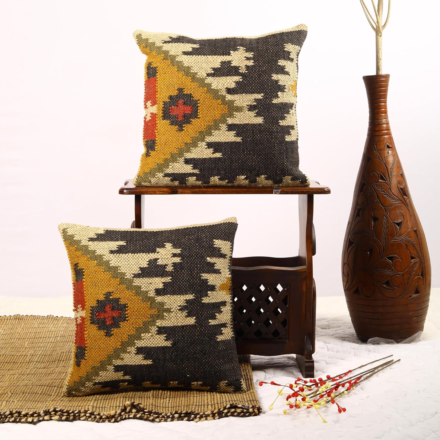 Trade Star 70% Jute 30% Wool Pillow Shams Set of 2 Kilim Cushion Cover Throw Pillow Cover 18x18 Inches Decorative Designer Cushion Cover Handwoven Rug Decorative Pillowcase (Kilim 6)