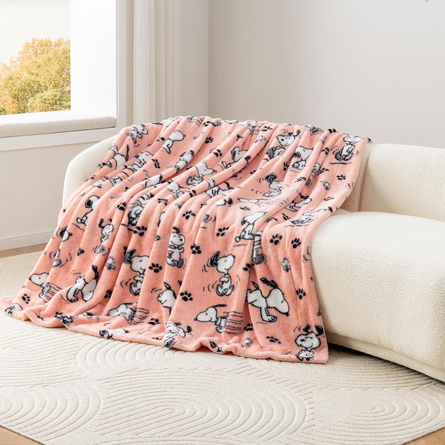 Berkshire Peanuts® Ultra Plush Thick Faux Rabbit Fur Snoopy Blanket, Queen Size Cozy Grace Fur Collection Blanket for Bed, Couch & Sofa(90”×90”, Poses and Paws Large Coral)