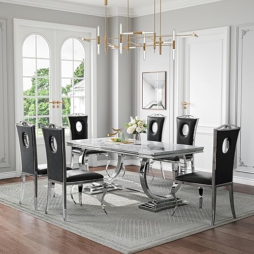 Miniatura 20 de Juego de mesa de comedor de mármol sintético de 70 pulgadas para 6, mesa de cocina grande y sillas de cuero sintético blanco, mesas de comedor Plata