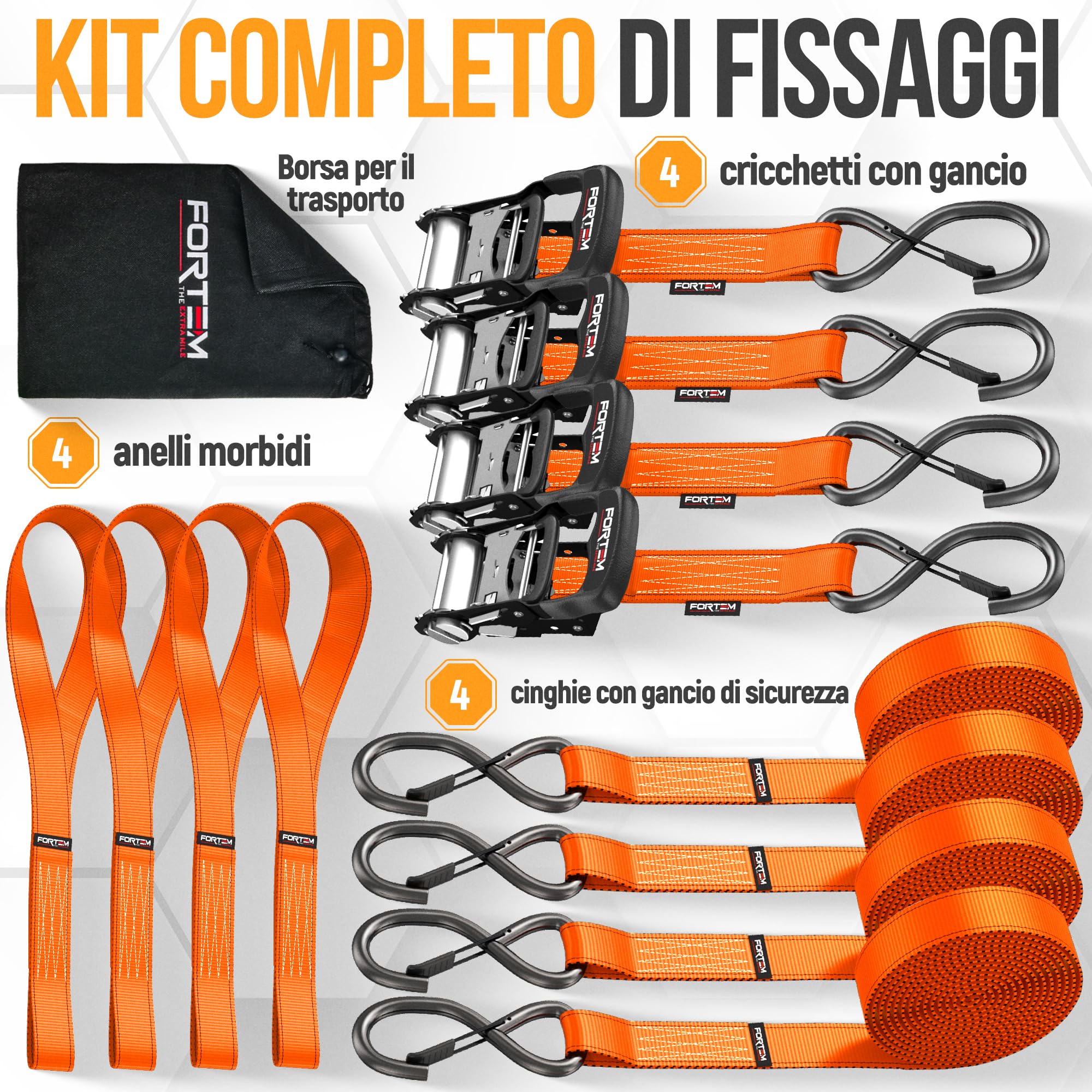 FORTEM Cinghie a Cricchetto, Resistenza fino a 2362 Kg, Set da 4 Cinghie di Fissaggio da 3,05 m, 4 Maniglie Morbide, Cinghie Fissaggio per Moto, Ganci in Metallo Rivestiti, Custodia Inclusa (Arancia)