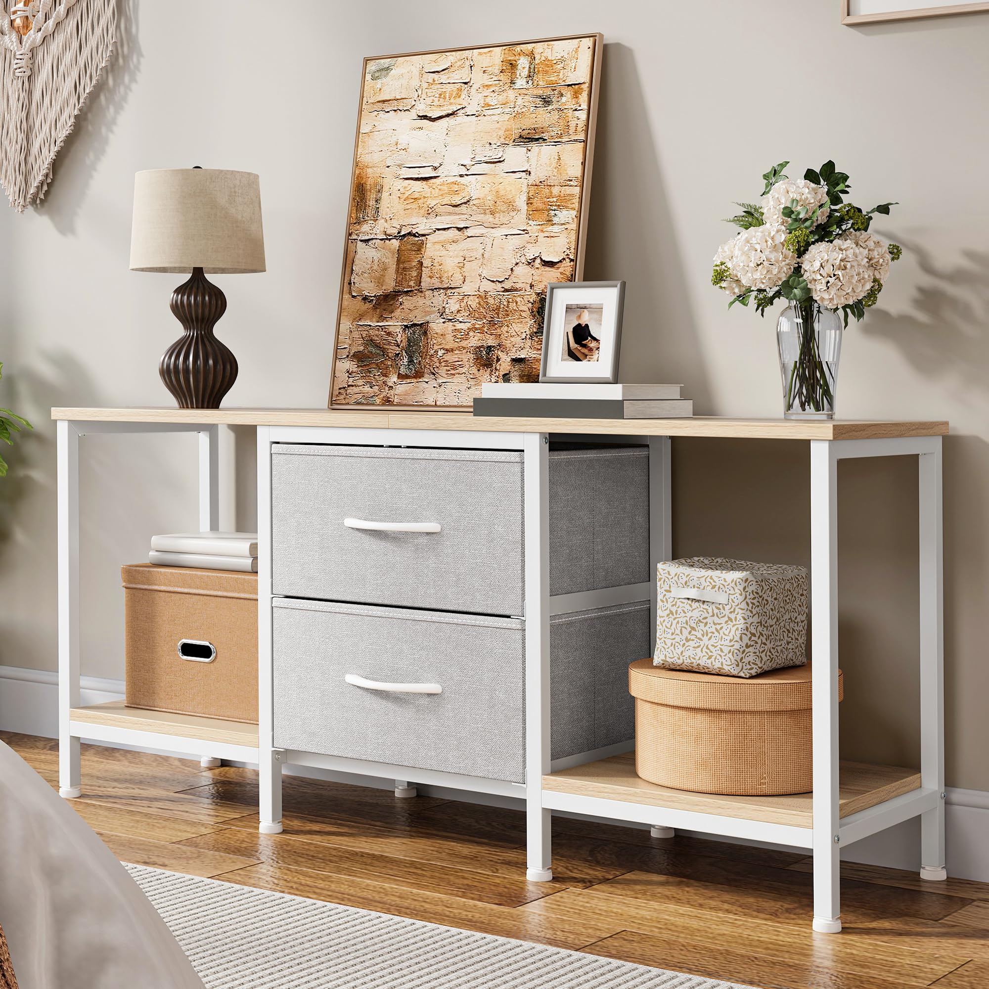 YITAHOME Meuble TV jusqu'à 47", Meuble TV avec 2 tiroirs en Tissu et 2 étagères Ouvertes, Commode 110 x 30 x 50 cm pour Salon, Salle de Divertissement, Chambre à Coucher, Cadre en Acier
