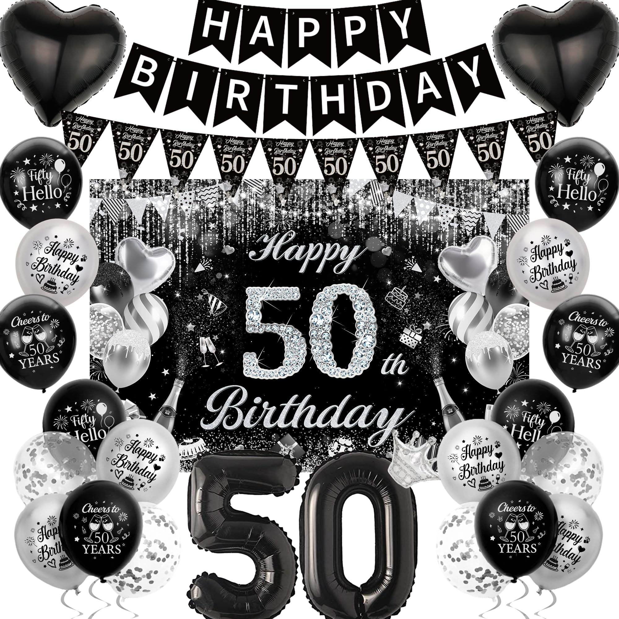 50th Birthday Party Decorations Banner Black Silver Backdrop Balloons Set
