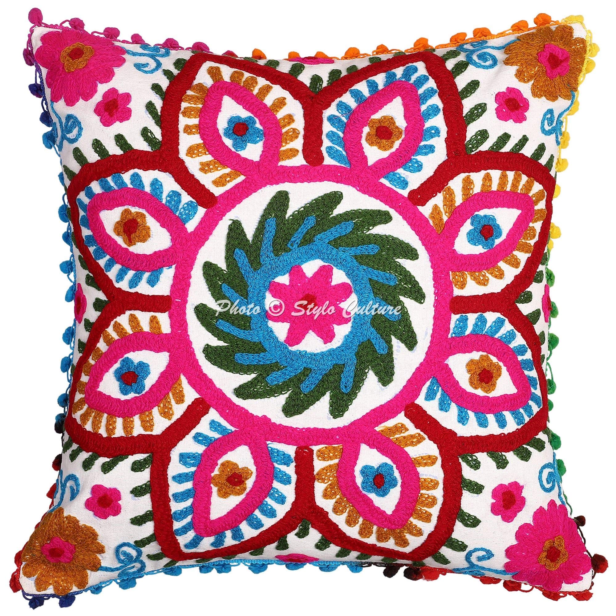 Bohemio Fundas De Almohadones Decorativa 40x40 cm Algodón Floral Forros para Cojines Silla Blanco 16x16 Inch Pompón Bordado Suzani Cuadrado Cremallera Fundas Cojines Sofa - 5 Pcs