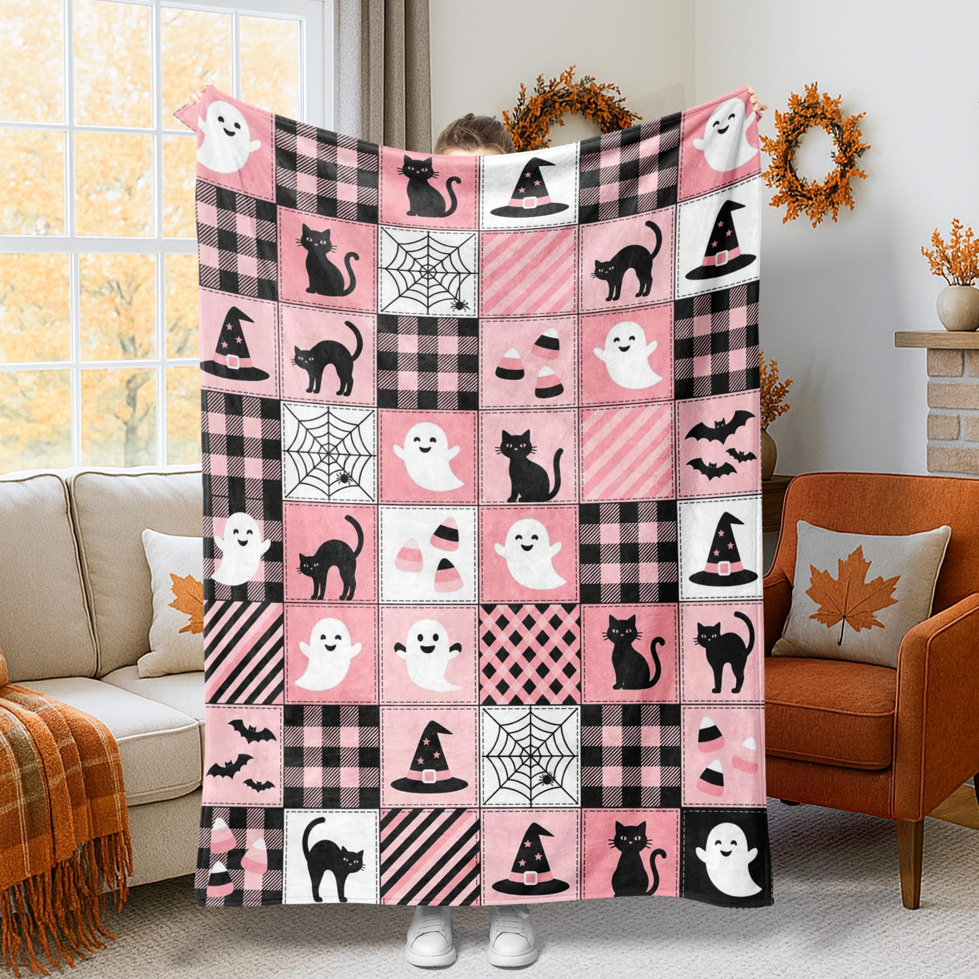 Couverture fantôme Halloween : plaid pelucheux chat pour canapé