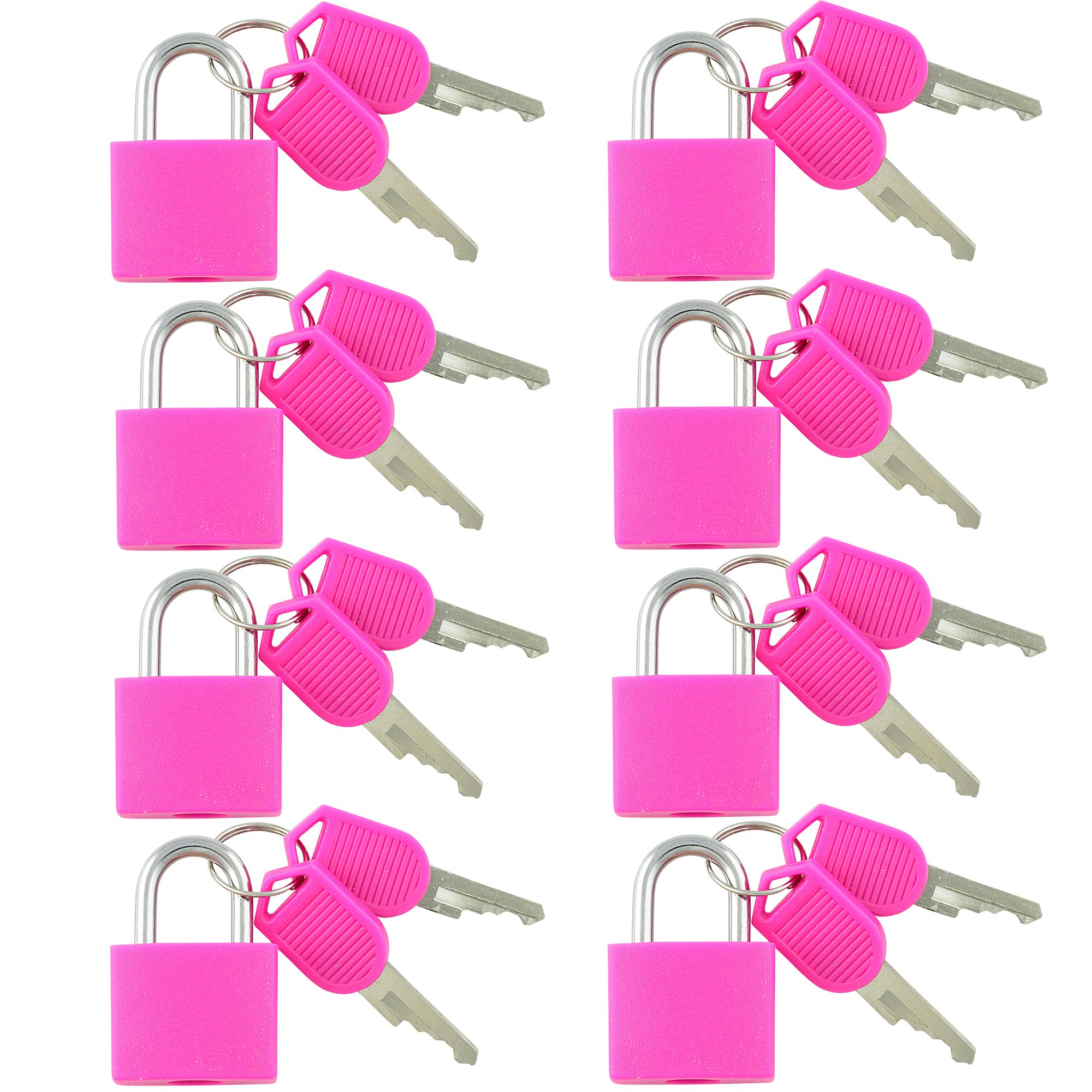 VIP Home Essentials - Small Mini Durable ABS Covered Solid Brass Body Individually Keyed Padlock - 8 Pack Lock Set (Pink)