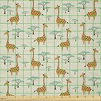 Vista 2 de Ambesonne The Yard, tela de jirafa estilo de dibujos animados que caminan entre árboles pequeños sobre fondo grunge, tema de sabana, tela de punto