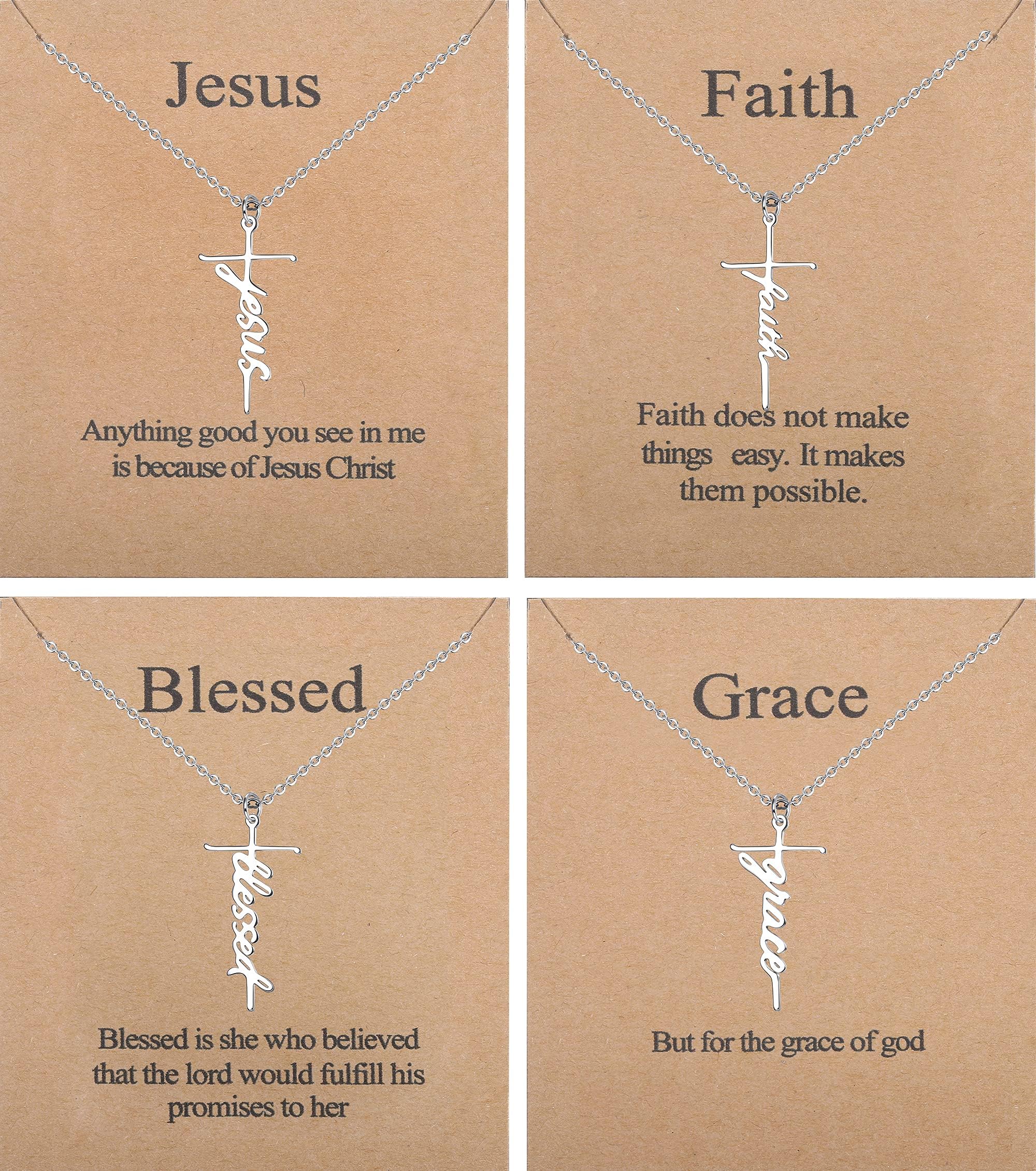 Jewenova 4Pcs Faith Cross Necklace for Women Blessed Hope Grace Pendant Necklaces Religious Jewelry Christian Cross Necklace Set Inspirational Faith Gifts for Women with Meaning Card silver