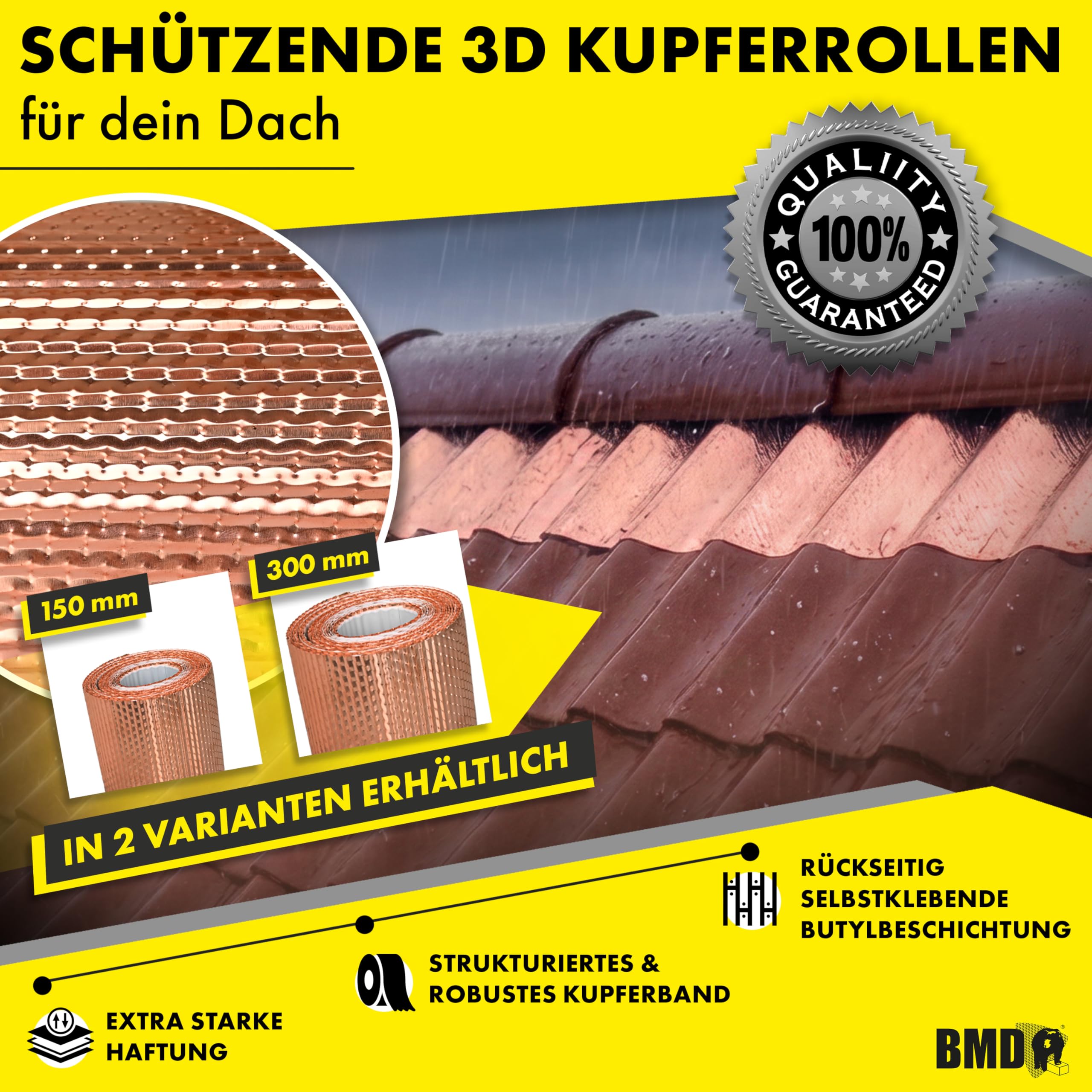 BMD 3D Moos Stopp Kupferband | 300mm x 5m | 2 Größen | UV-stabil | Butylkleber selbstklebend | Entmoosung von Dachziegeln | Profiqualität zur Reinigung des Daches | Anti-Moos