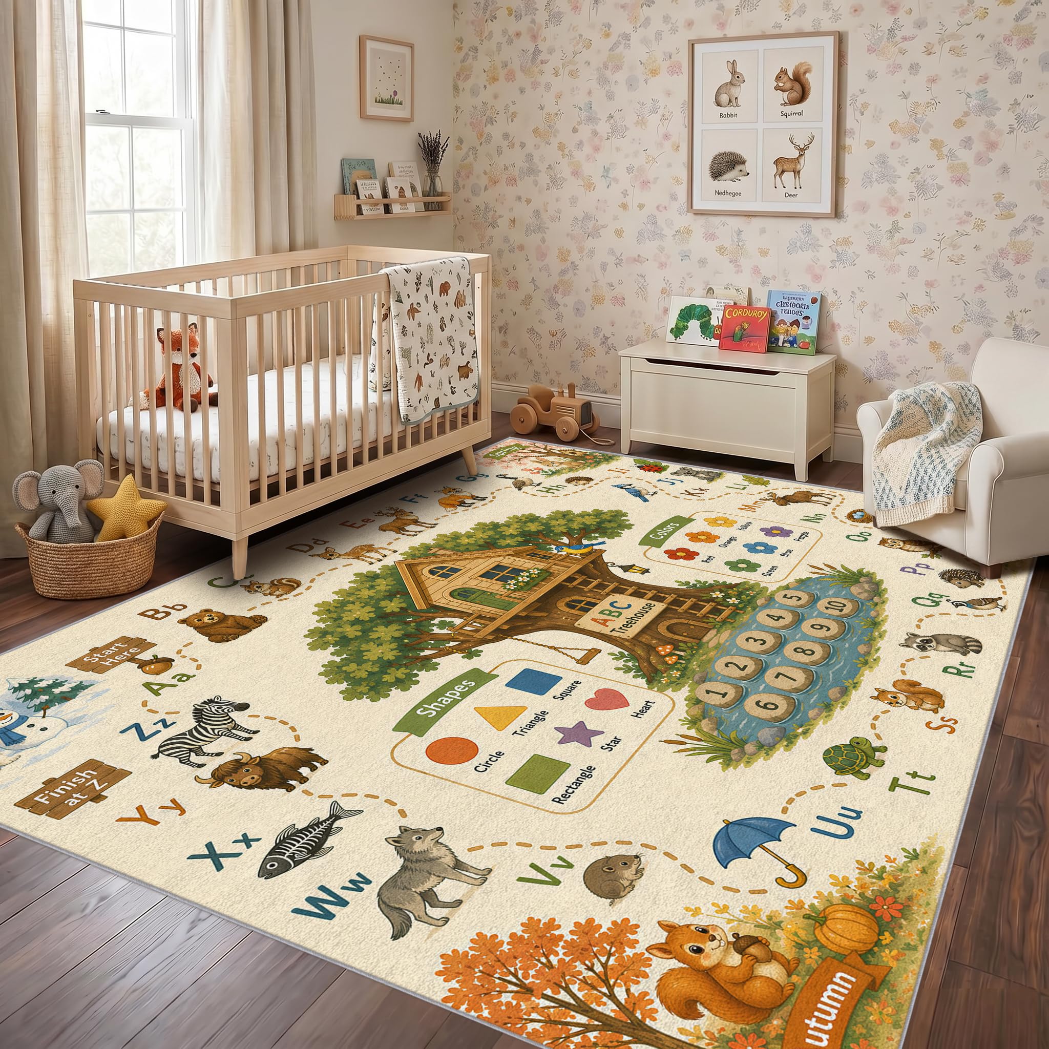 Treehouse ABC Children's Area Rug 80x150 cm, Forest Animals and Seasons