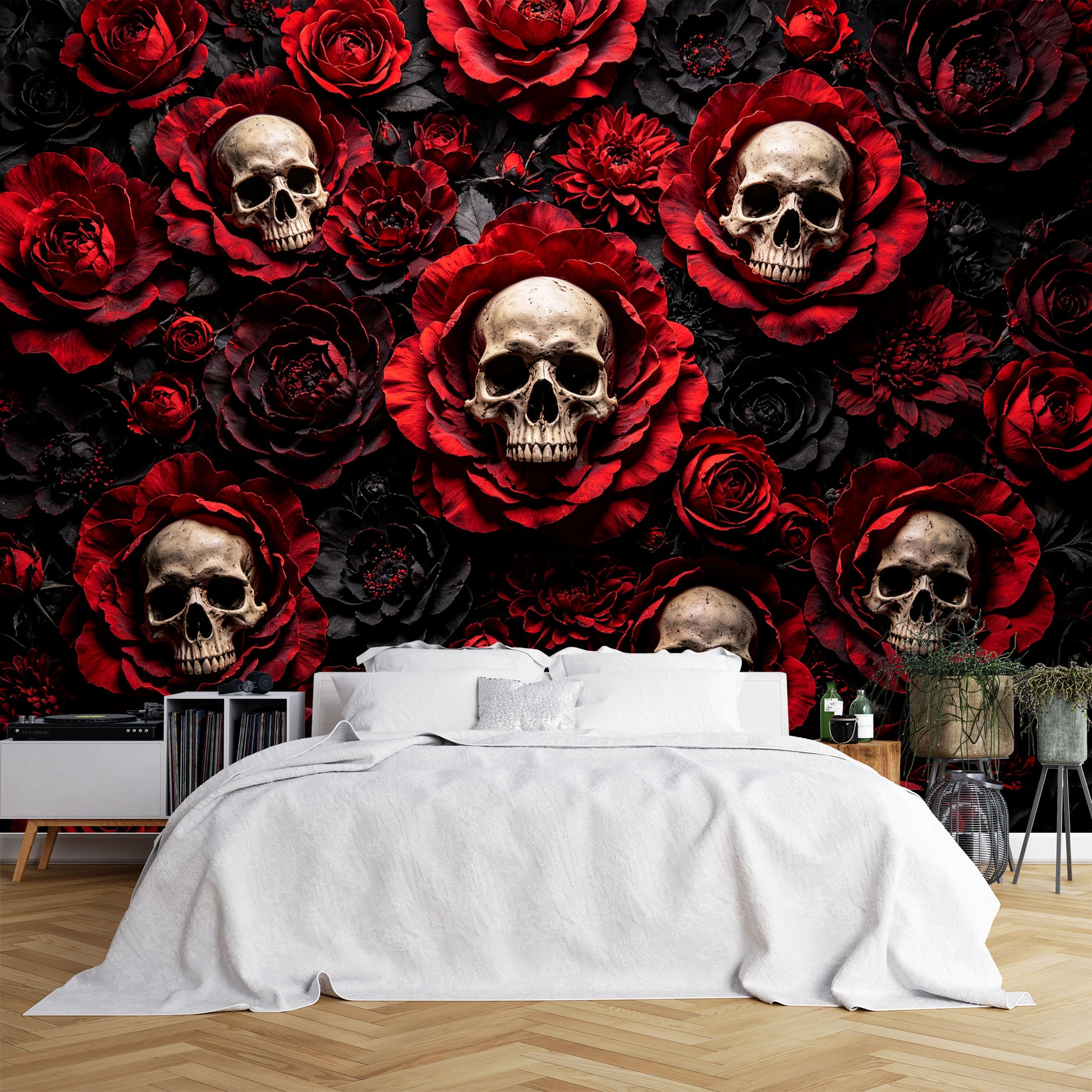 Lcythiazole Ch260615107 Custom Size Wall Murals Red Rose Skull Gothic Floral Art Wall Murals Hd Dark Wallpaper Wall Stickers Self-Adhesive Removable Wallpaper For Bar Living Room