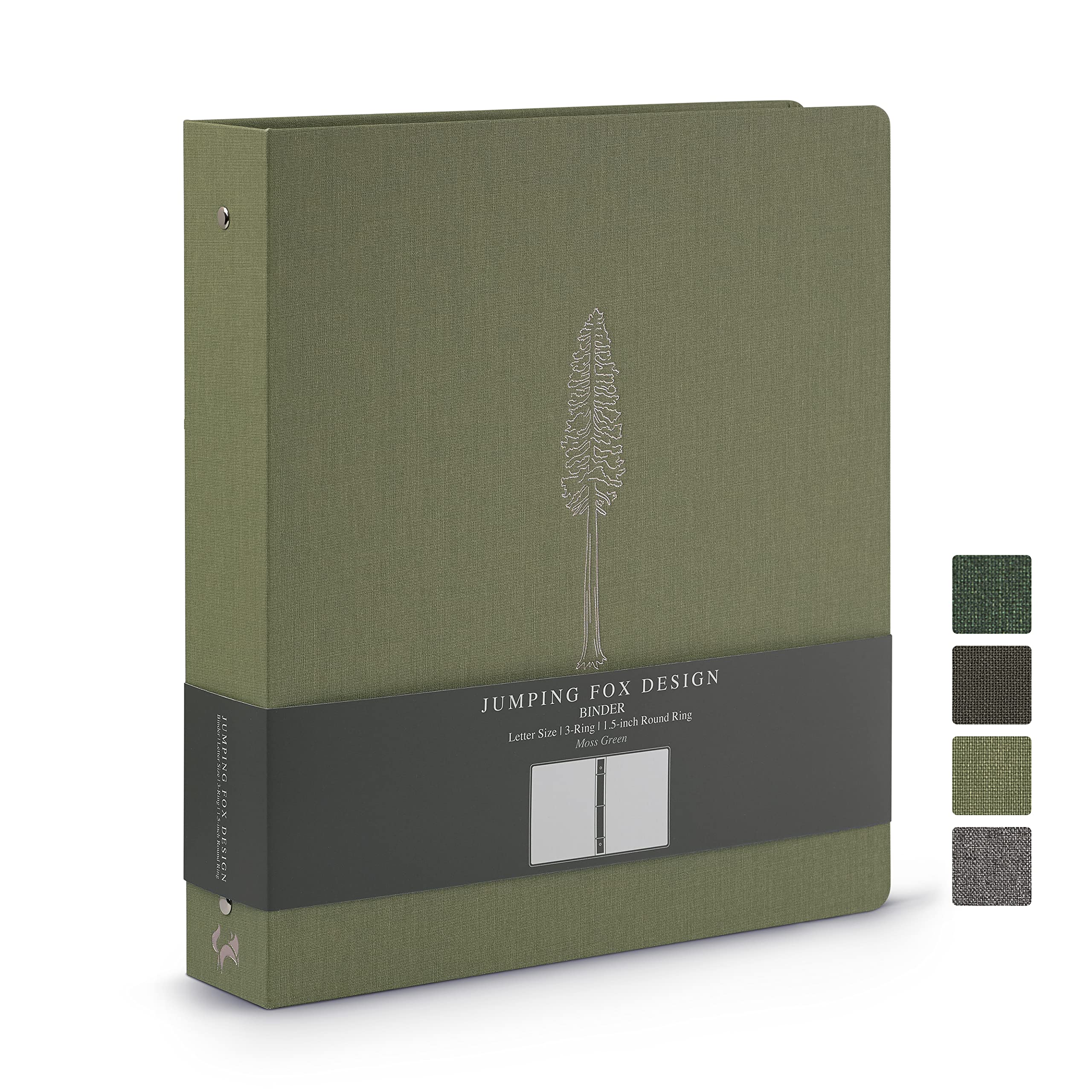 Jumping Fox Design Linen Fabric 3 Ring Binder, 1.5 Inch Binder, for 3 Hole Punch Letter Size Loose Leaf Paper (Letter Size, 3 Round Ring, 1.5", Moss Green)