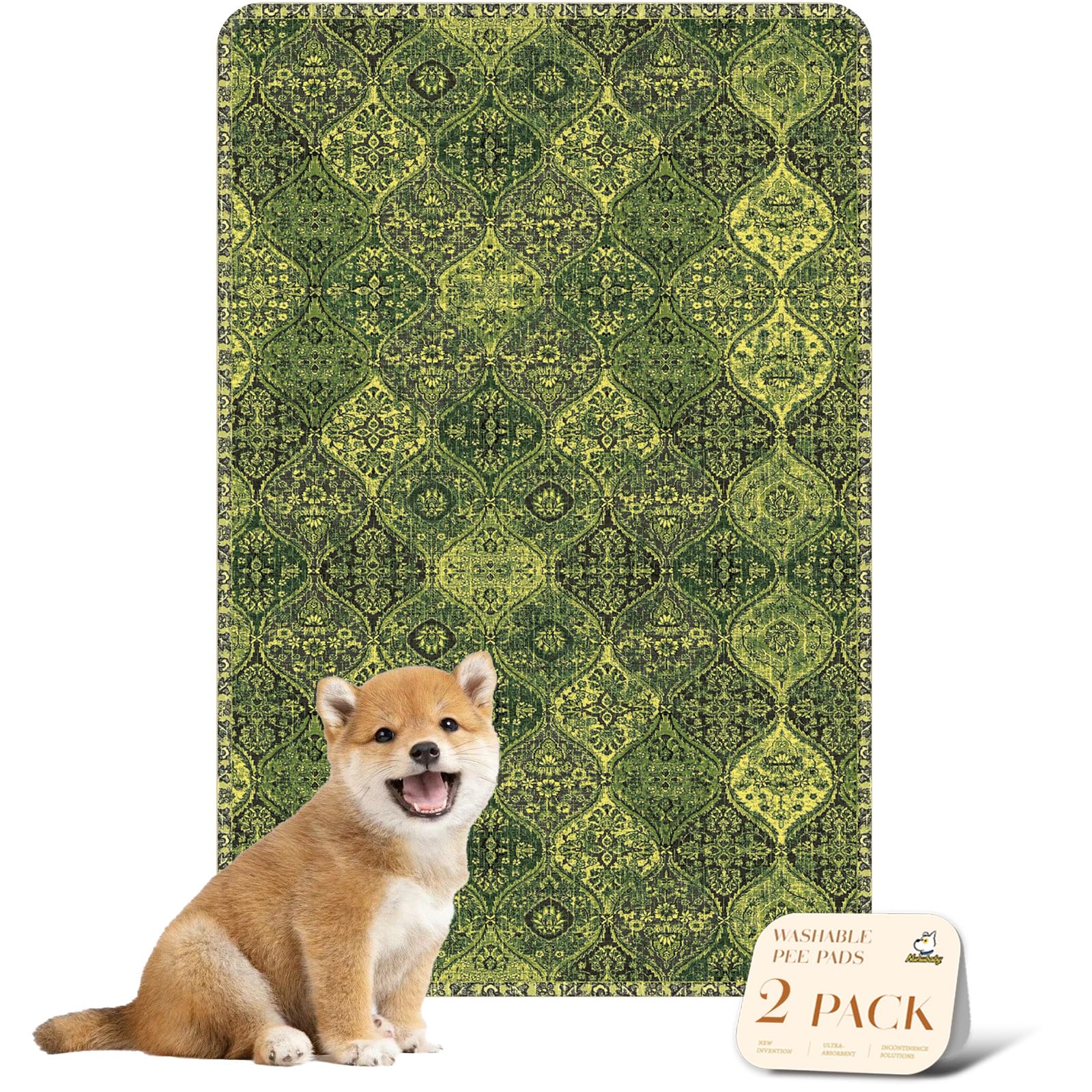 nunubaby Washable Pee Pads for Dogs, Stylish, Non-Slip and Leak-Proof Pee Pads. Reusable Potty Pads for Dogs for Crates and Floors.(Green/Multi,24" x36" )