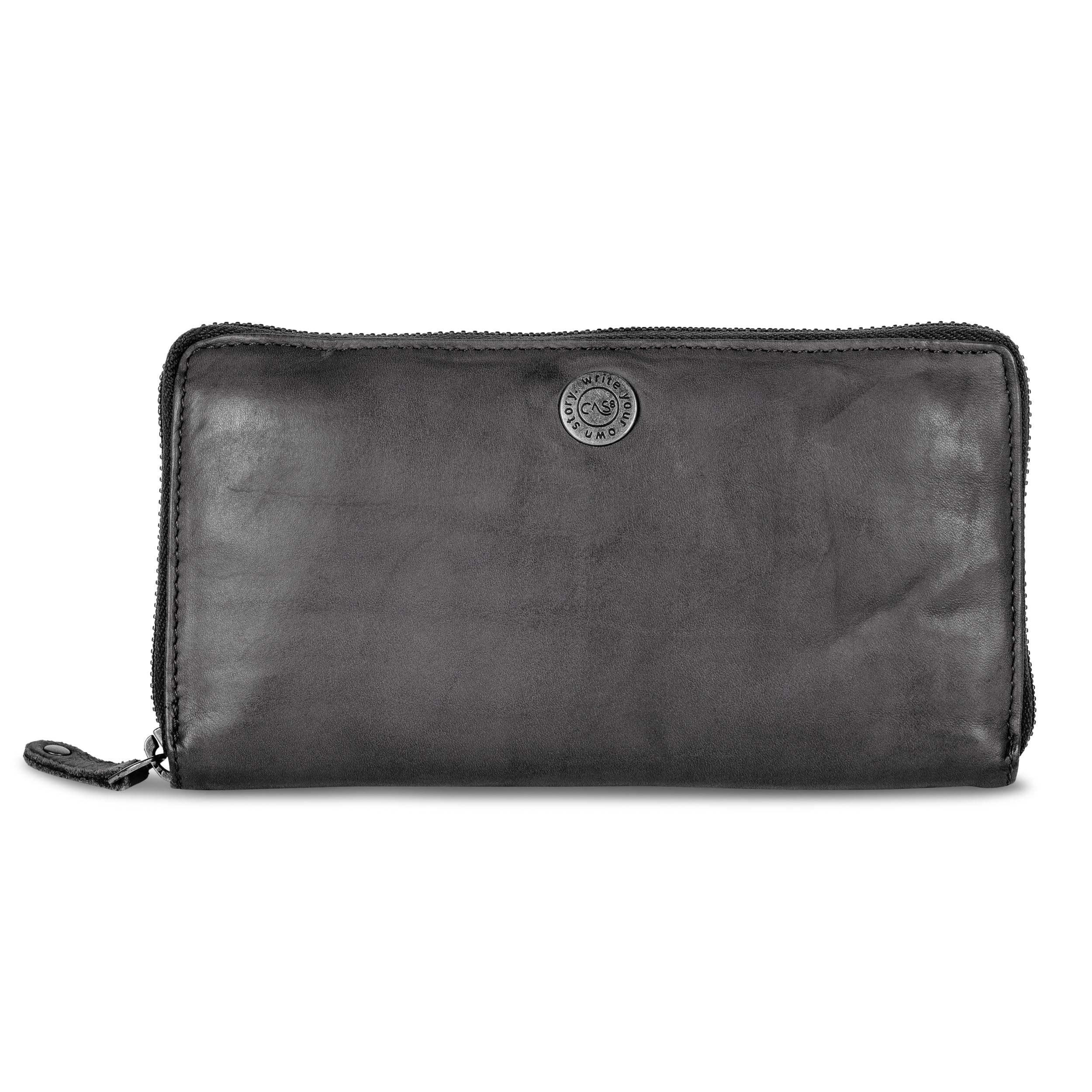 Geldbörse MALU, Damen Portemonnaie aus gewaschenem Leder, mit praktischen Kleingeld- sowie Kartenfächern, Portmonee im Used-Look mit Reißverschluss, Graphite