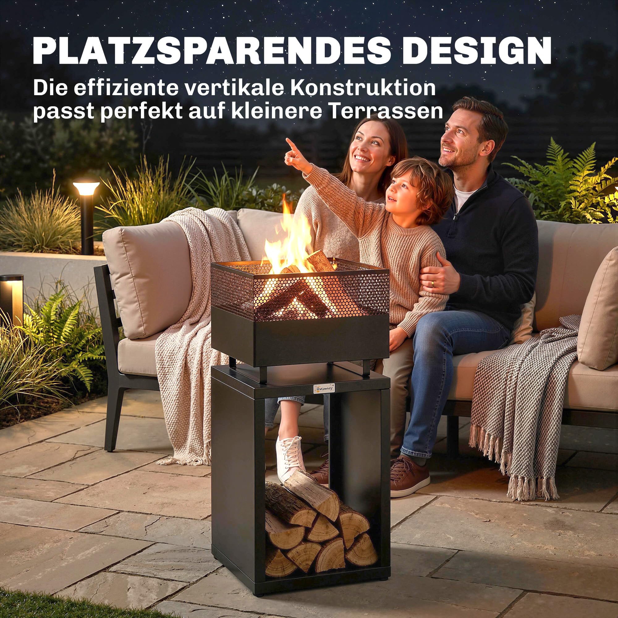 Outsunny Feuerschale mit Holzlager Kohlegitter 39 x 39 x 87 cm Schwarz | Feuerstelle, Verstellbaren Füßen, Feuerschalen Feuerkorb, für Garten Balkon Terrasse, Outdoor BBQ Camping