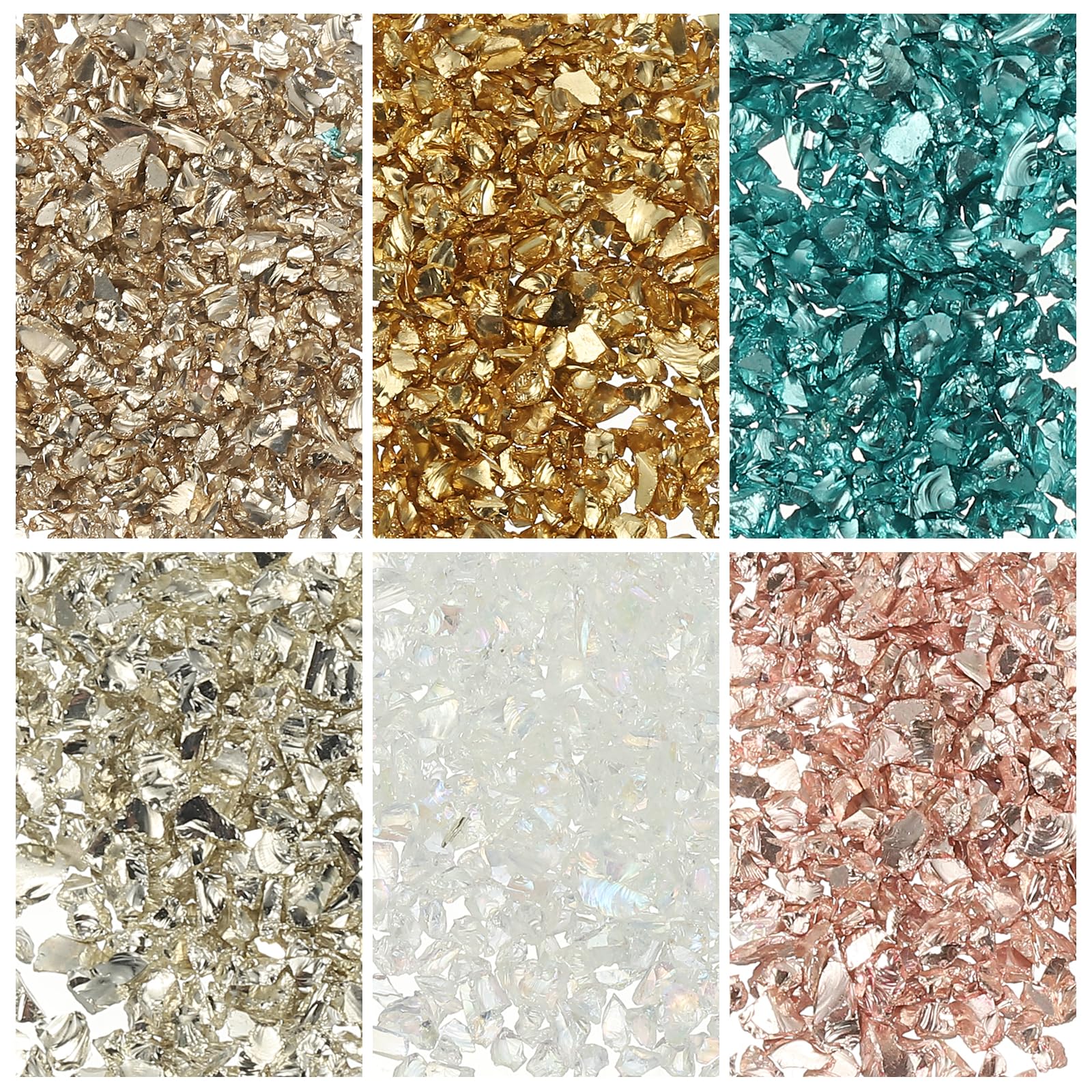 sourcing map 6 Colors Crushed Glass Chips, 1-3mm Irregular Glitter Metallic Glass Broken Glasses Pieces with Laser Bag for Craft DIY Vase Epoxy Halloween Decoration 33g, Gold Color Series