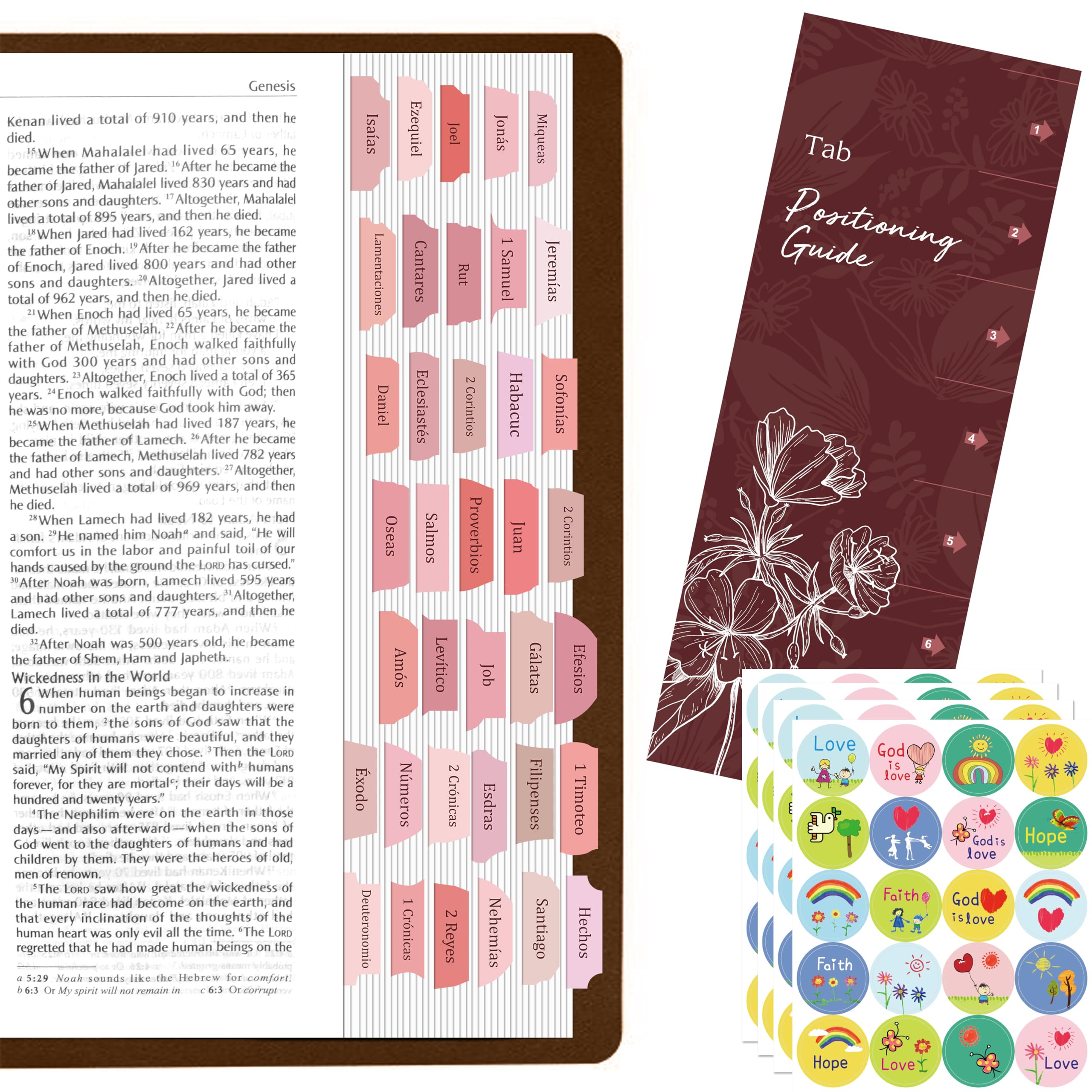 105 Pestañas de Índice de la Biblia en Español, Juego de Pestañas Laminadas, Pestañas Autoadhesivas de la Biblia, 80 Adesivos de Fe Cristiana con una Guía de Alineación (Rosa)
