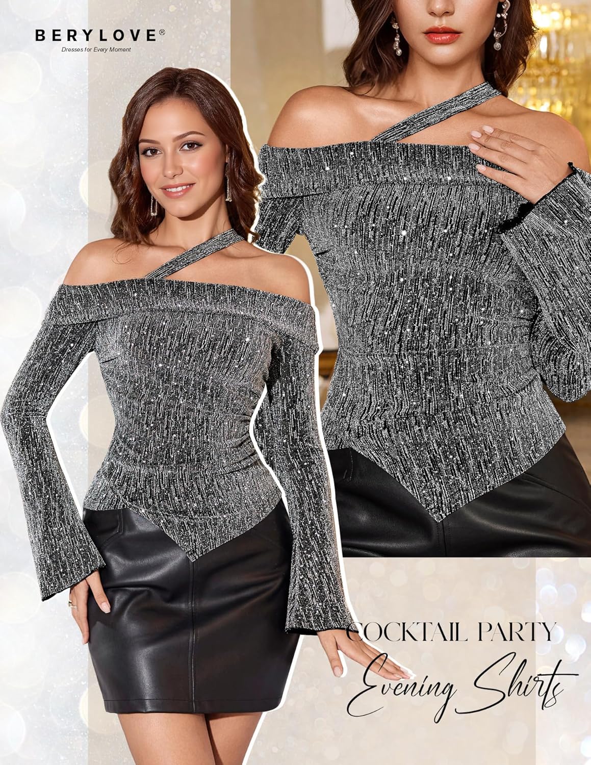 BeryLove Women Sparkly Top Off Shoulder Fitted Shirt Asymmetrical Rhinestone Party Blouse - Image 2