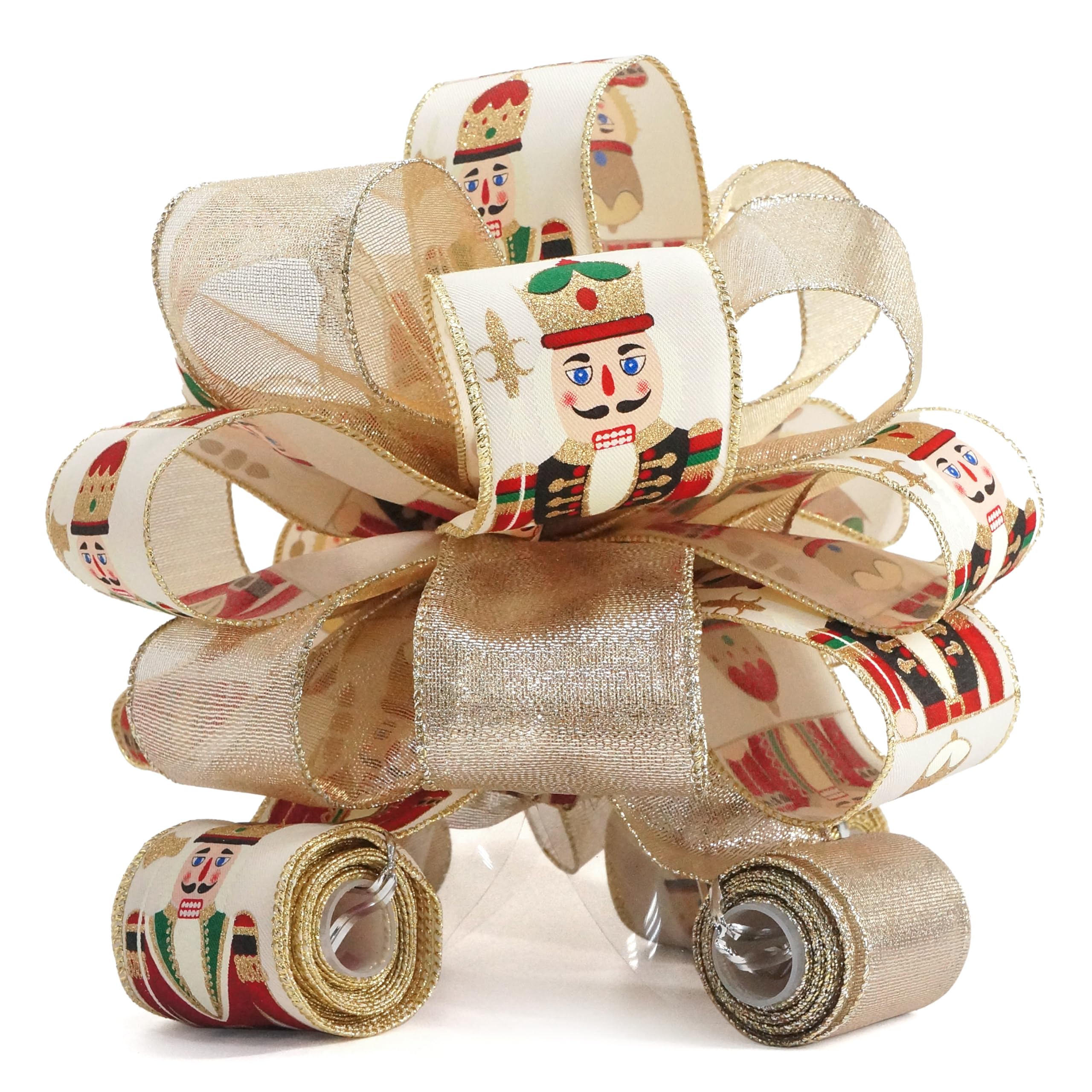 Champagne Gold with Nutcracker Christmas Tree Topper Bow 11" with 4 Ribbon Streamers x 3 Yards Long Each