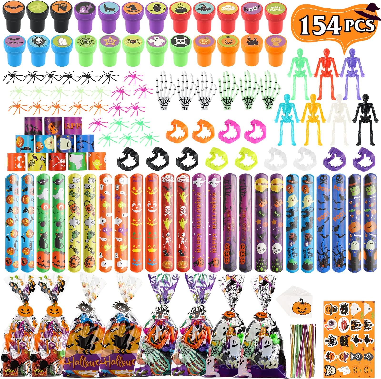 154PCS Halloween Party Favors Halloween Toys for Kids, Non Candy Halloween Goodie Bag Fillers Halloween Stamps Slap Bracelets for School Classroom Rewards, Halloween Trick or Treat Toys Prizes