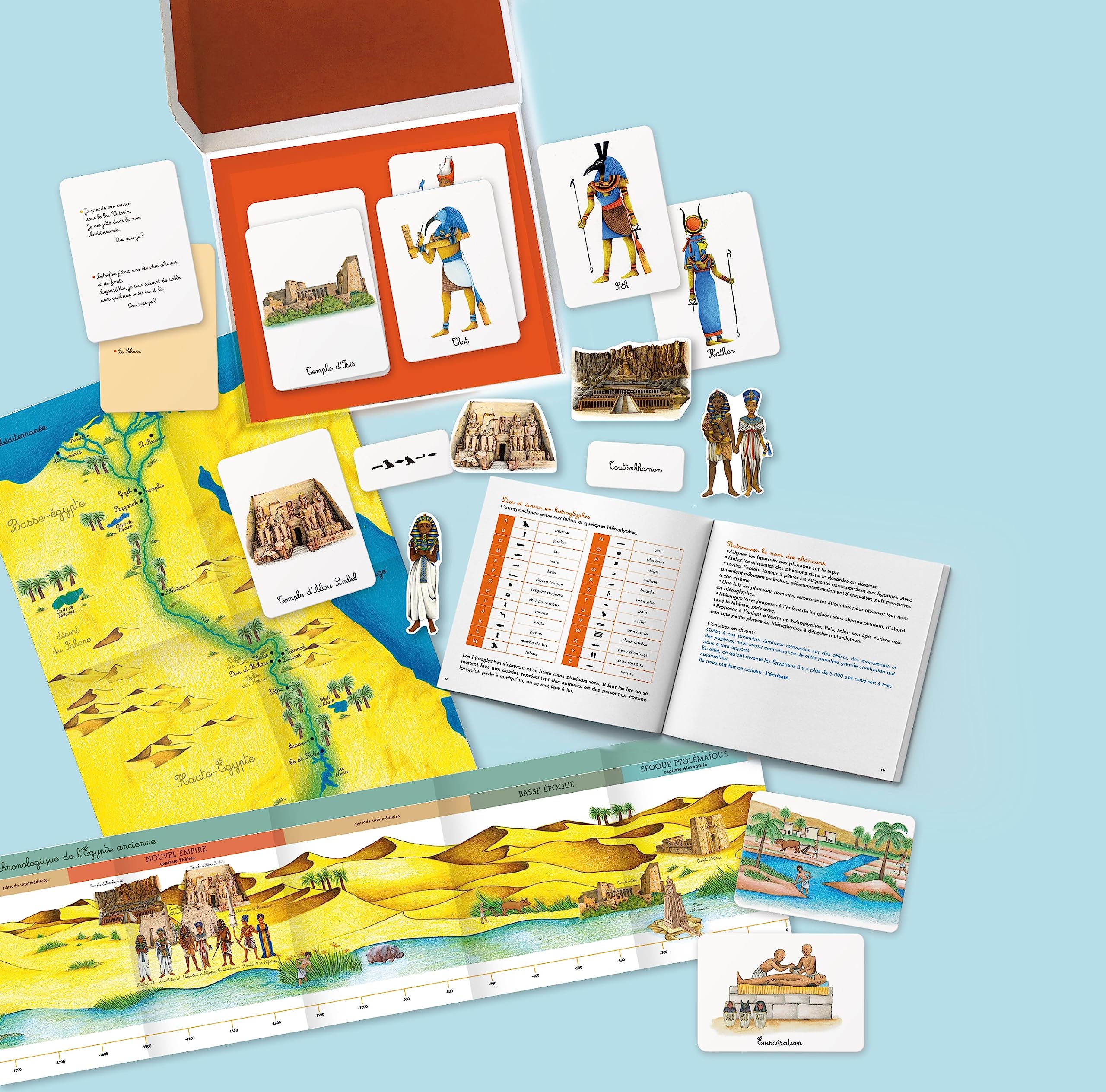 L'Egypte ancienne: 64 cartes, 1 frise chronologique, 1 carte de l'Egypte, 24 figurines cartonnées et 1 livret