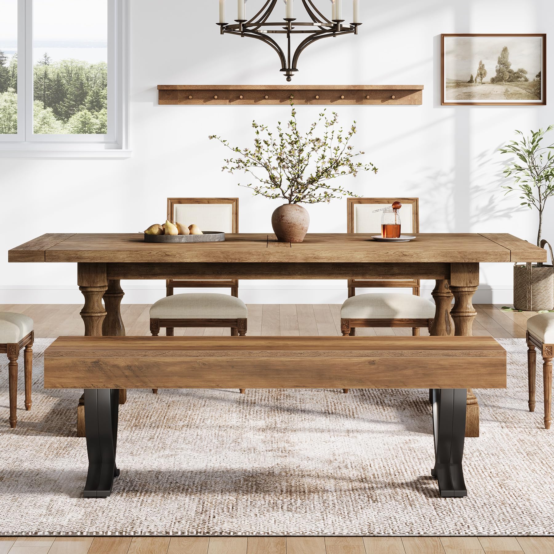 Tribesigns 55 Inches Farmhouse Dining Bench, Wooden Kitchen Table Seat with Metal X-Shaped Legs, Long Home Indoor Bench for Dining Room, Bedroom, Entryway, Mudroom (1)