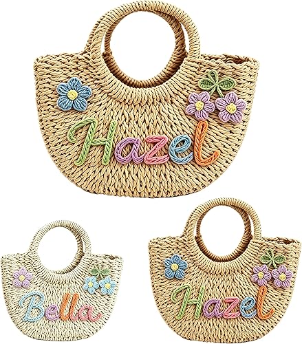 Custom Straw Beach Bag for Women, Bridesmaid Beach Bag with Name, Handheld Woven Tote for Wedding Party Gifts, Personalized Flower Girl Basket, Summer Vacation Cruise Essential