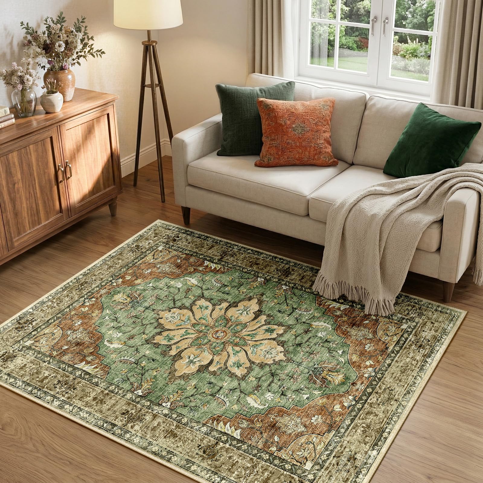 INOVADAY Machine Washable Rugs 120x180 cm Vintage Area Rug Low Pile Anti-Slip Carpet with Print Pattern for Living Room Bedroom Home Office Indoor Brick/Brown/Green
