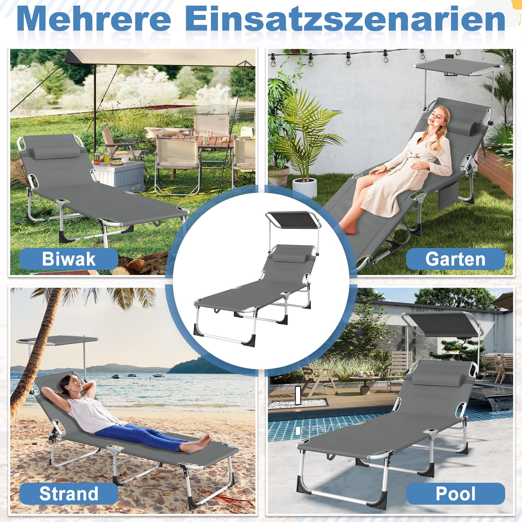 Froadp Sonnenliege Klappbar mit Dach Gartenliege Liegestuhl mit Verstellbarer Rückenlehne Kopfkissen Seitentasche Strandliege für Garten Balkon Strand Terrasse (1 Stück, Anthrazit)