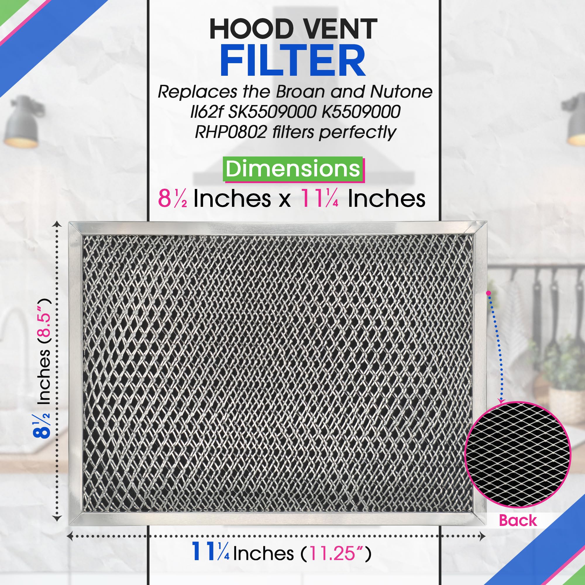 Filtro de campana extractora de 8.5 x 11.25 pulgadas para filtro de grasa de carbón combinado LL62F – Repuesto de filtro de campana extractora Broan sin conductos – Filtros de pantalla de malla