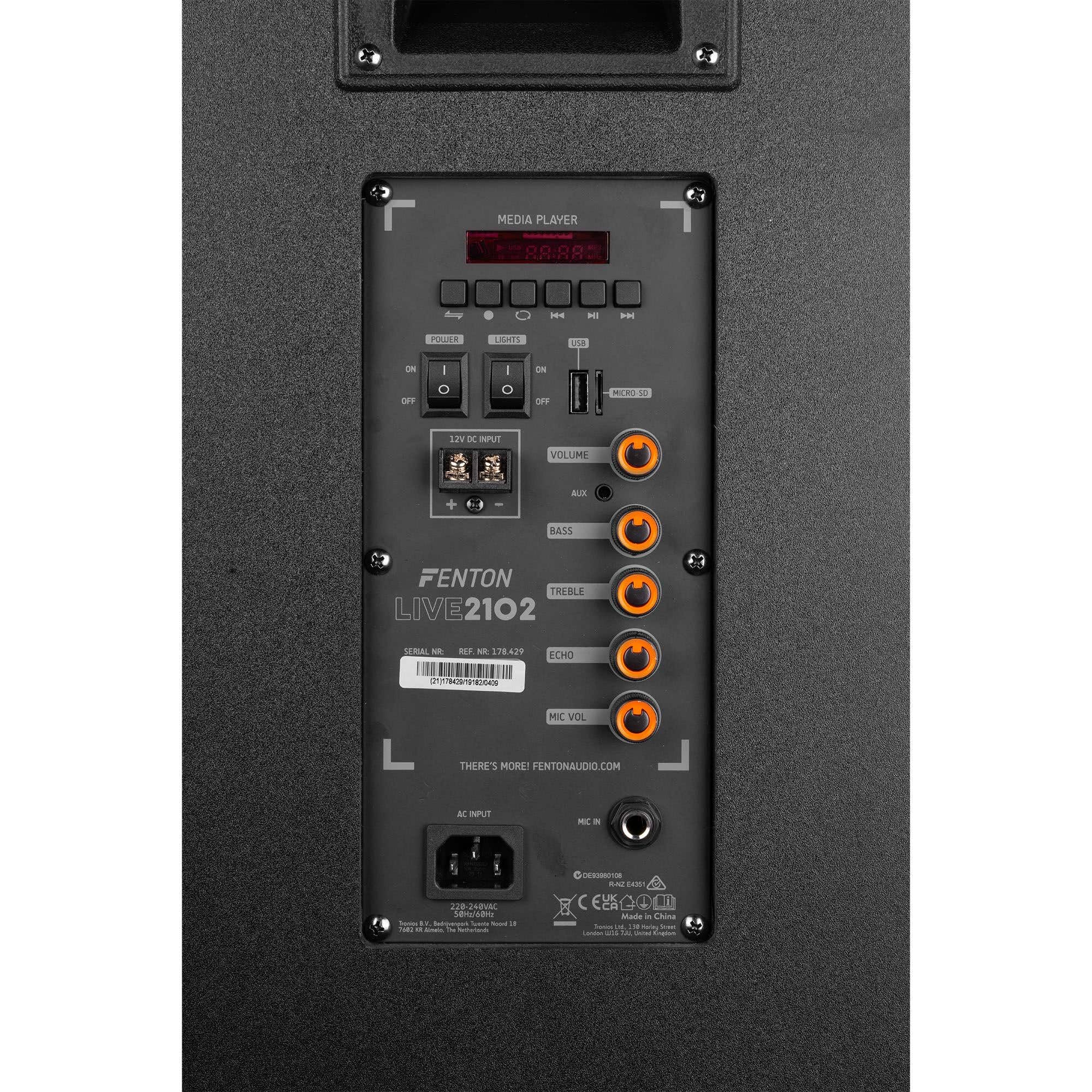Fenton LIVE2102 - Aktywny głośnik Bluetooth USB 10" 800 W czarny | Wbudowany Bluetooth i USB, moc 800 W, 10-calowy głośnik niskotonowy, idealny na imprezy, bary i prezentacje