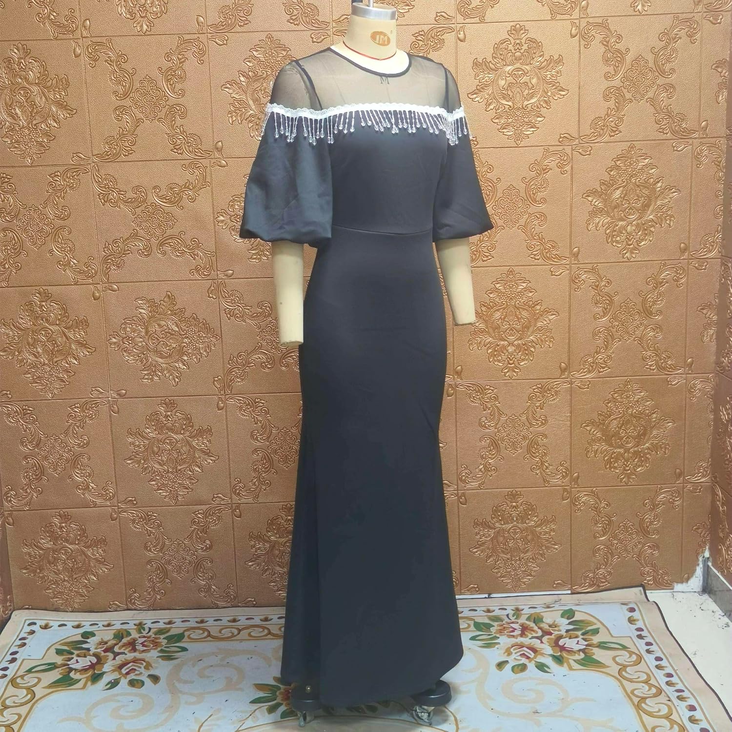 Cololura Women Elegant Lantern Middle Sleeve Tassel Mesh Perspective Party Bodycon Party Evening Gown Formal Maxi Dress - Image 7