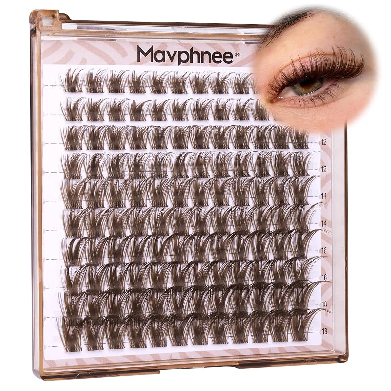 Mavphnee Cílios Postiços em Tufos Marrom-Escuro, Curvatura D, Comprimentos de 10 a 18 mm, 120 unidades