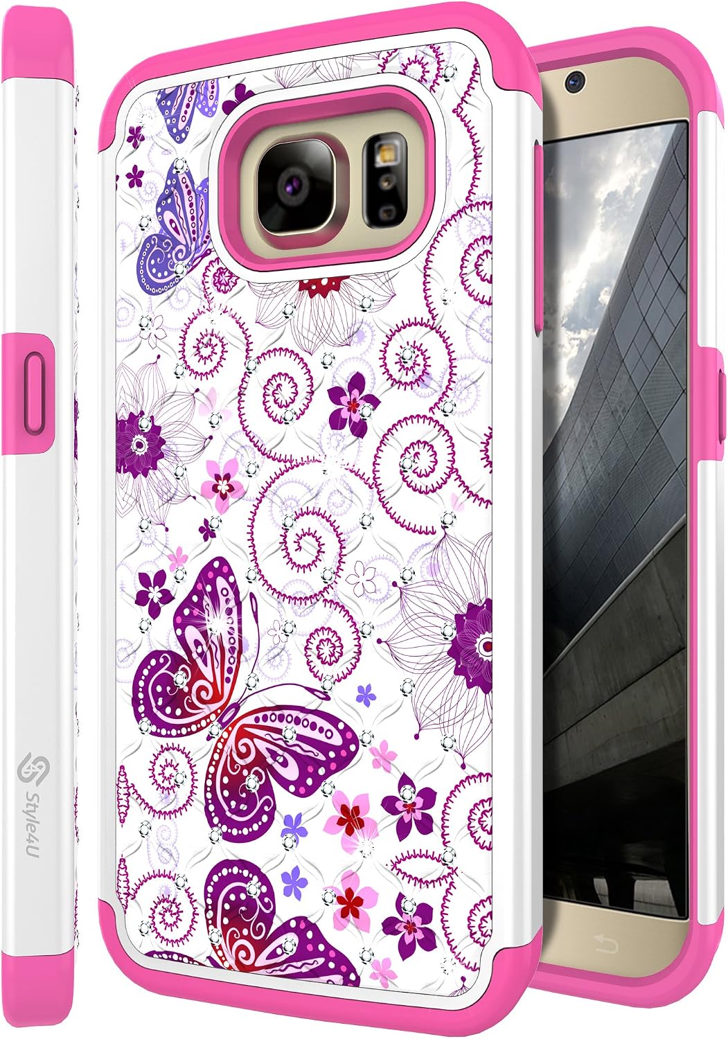 Style4U Galaxy S7 Case, Butterfly Design Studded Rhinestone Crystal Bling Hybrid Armor Case Cover for Samsung Galaxy S7 with 1 Stylus [White/Hot Pink]