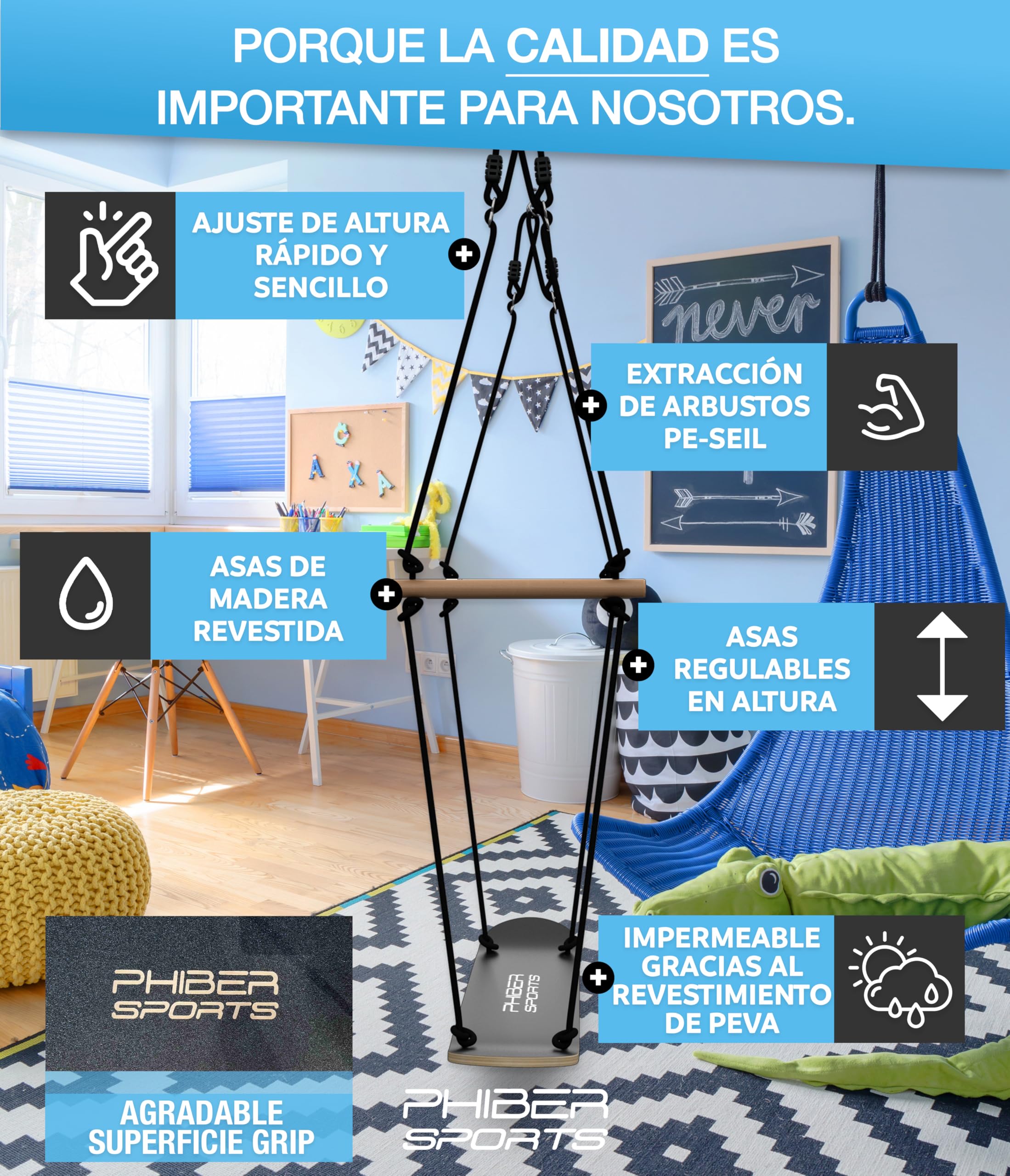 PHIBER-SPORTS columpio de skateboard al aire libre para niños - duradero, resistente al clima, antideslizante, para estar de pie y sentarse - accesorio de columpio de skateboard de madera - columpio