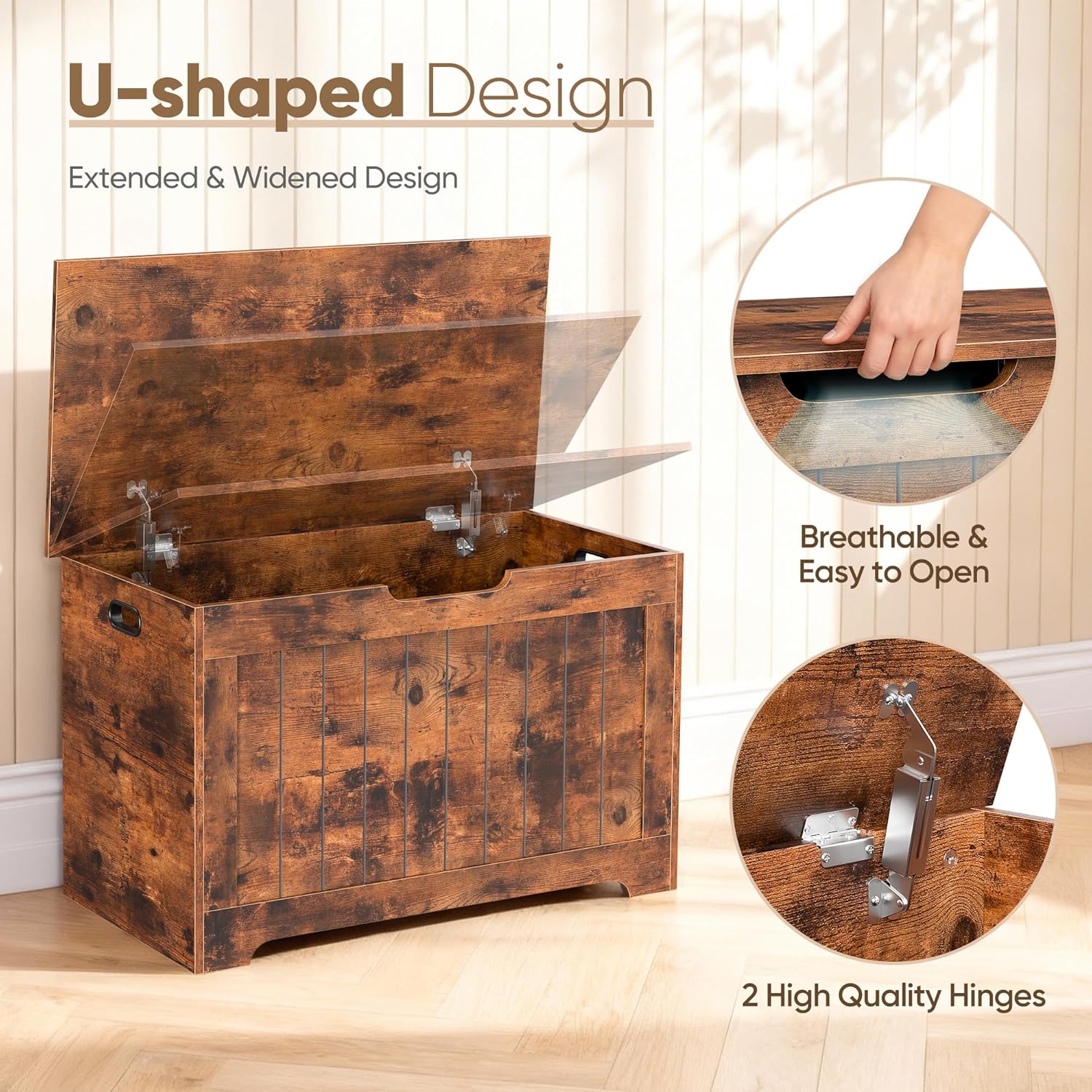 Storage Chest, Wooden Storage Bench with Flip-top Lid & Safety Hinge, Storing Trunk for Entryway, Living Room, Bedroom, Rustic Brown