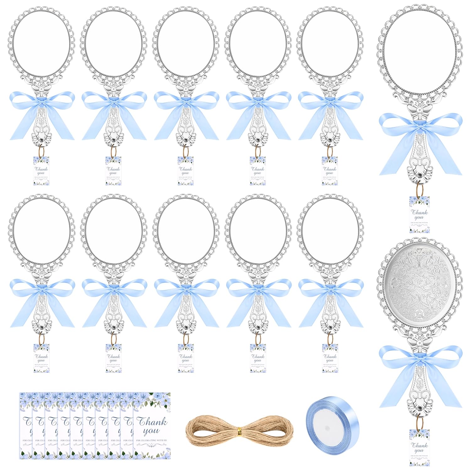12 Set Vintage Handheld Mirror with Handle, Embossed Flower Portable Princess Mirror with Ribbon and Thank You Tags Compact Hand Travel Mirror for Wedding Classroom Kids Princess Party Favors