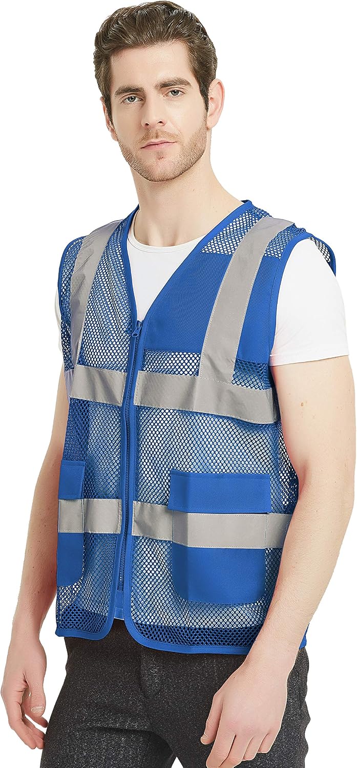 TOPTIE Unisex US Big Mesh Volunteer Vest Zipper Front Safety Vest with Reflective Strips and Pockets-Blue-US 3XL