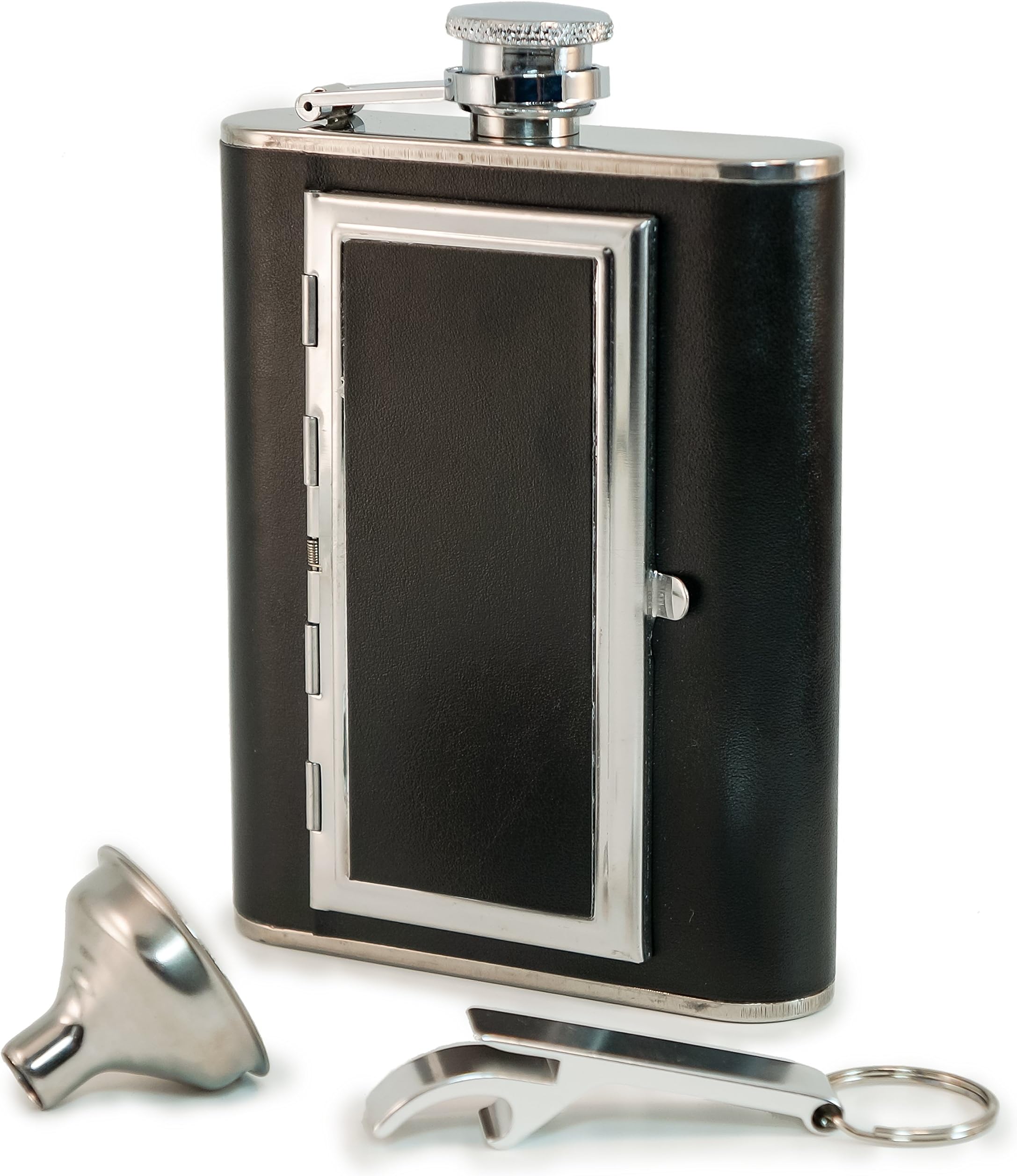 Perfect Pregame Flask - Cool 6 oz Stainless Steel and Leather Alcohol Flask with Compartment/Cigarette Case - For Men and Women - Drinking Flask for Liquor and Smokes