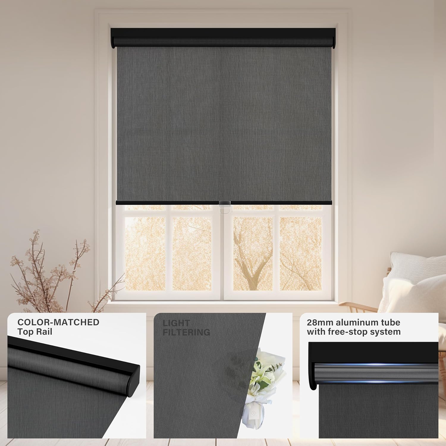 Boolegon Light Filtering Roller Shades for Windows Cordless Roller Blinds Easy to Install Free-Stop Solar Shade for Home Office,Thermal Insulated UV Protection,Custom Size,Light Filtering Black