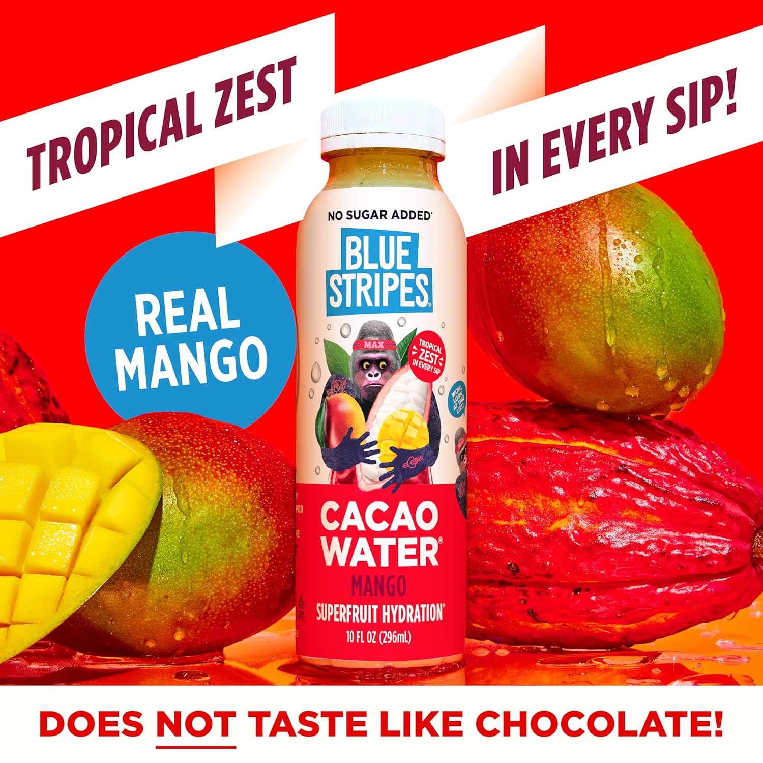 Blue Stripes Cacao Water - Cold Pressed Superfruit Hydration with Electrolytes & Antioxidants, No Sugar Added, All Natural, Great for Protein Shakes & Smoothies - Mango, 12 Pack