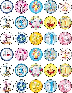30 x Edible Cupcake Toppers Themed of 1st Happy Birthday Collection of Edible Cake Decorations | Uncut Edible on Wafer Sheet