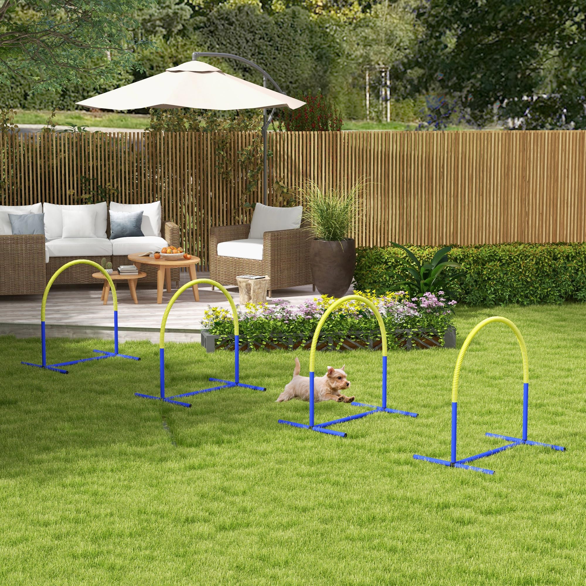 PawHut Set Agility Dog 4 Archi Componibili Borsa Trasporto Attrezzatura Percorso Addestramento PE ABS 88x64x95 cm Blu Giallo