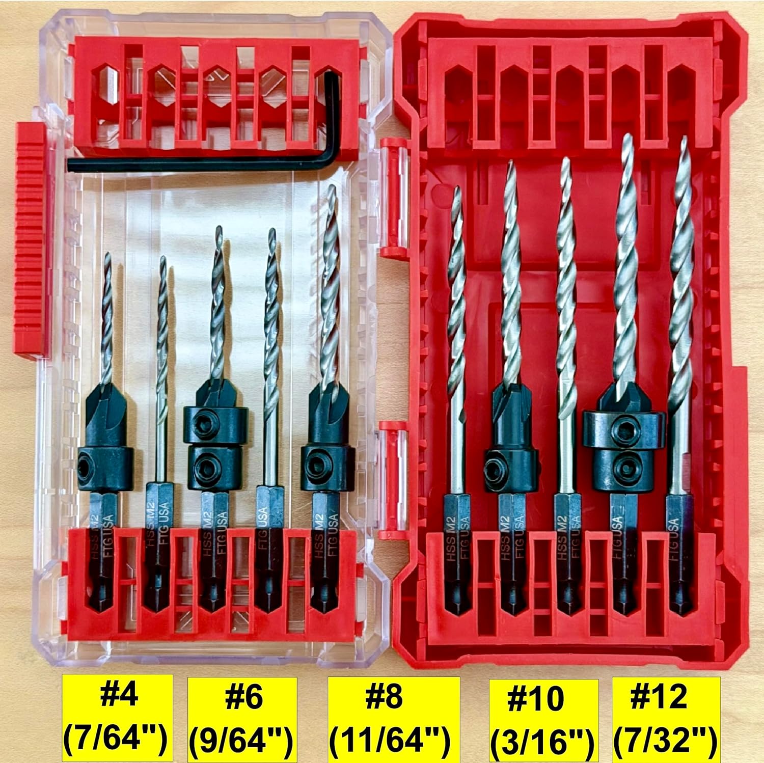 FTG USA 5 Pc #4#6#8#10#12 Countersink Drill Bit Set with 5 Pc Replacement Tapered Drill Bits for Wood in Storage Container