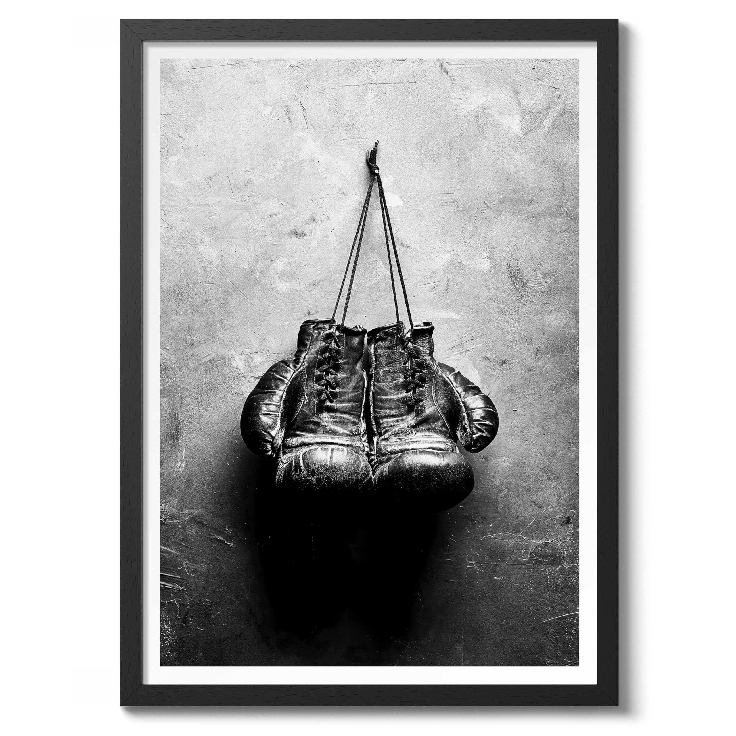 Boxing Gloves Poster Black & White Vintage Photography Print Minimalist Modern Interior Decoration, Archival Matte, A2 (Black Frame) - 59.4x42cm