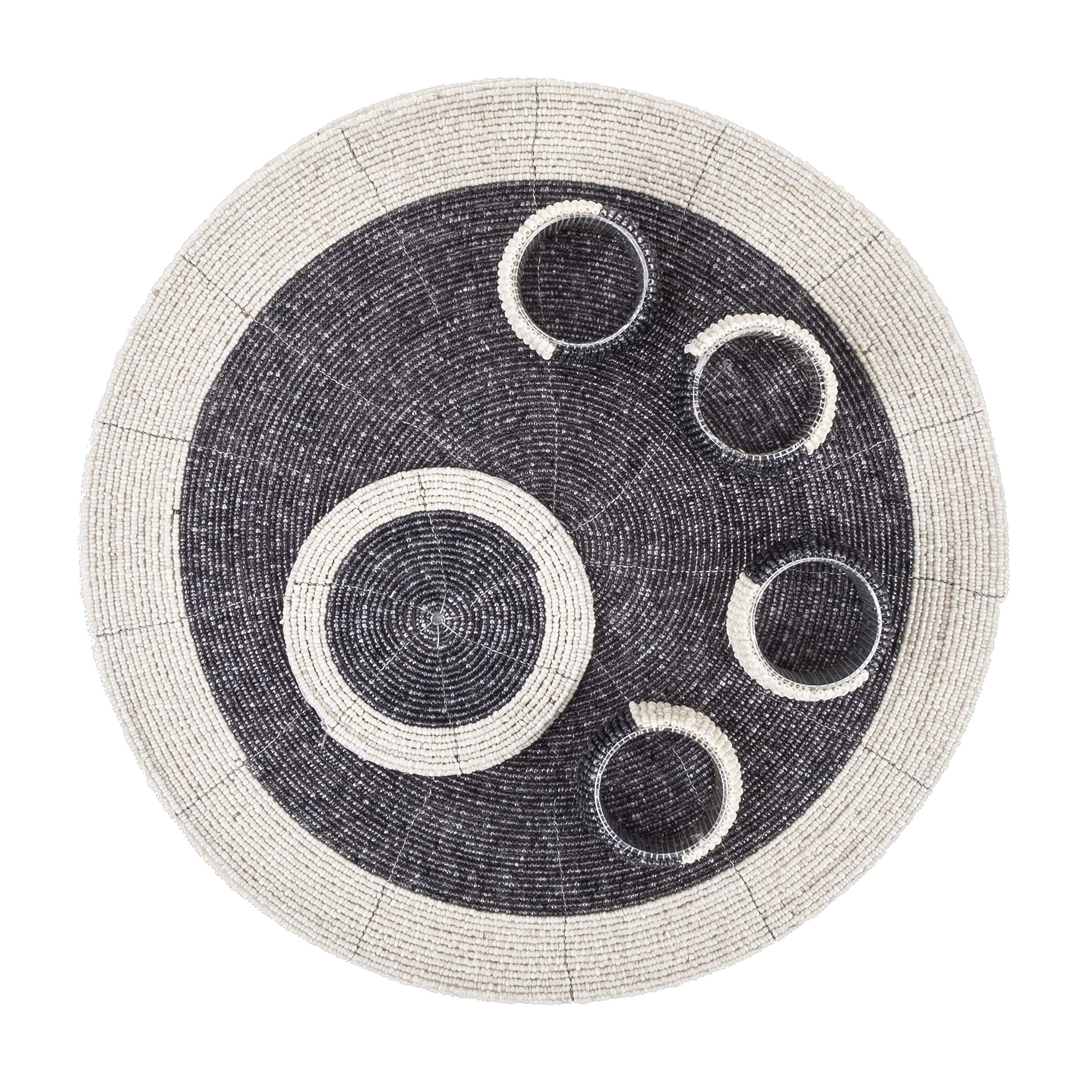 Penguin Home® - Set di 12 tovagliette, sottobicchieri e portatovaglioli con perline di vetro, colore nero, tovagliette rotonde, realizzate a mano da abili artigiani indiani, diametro 32 cm